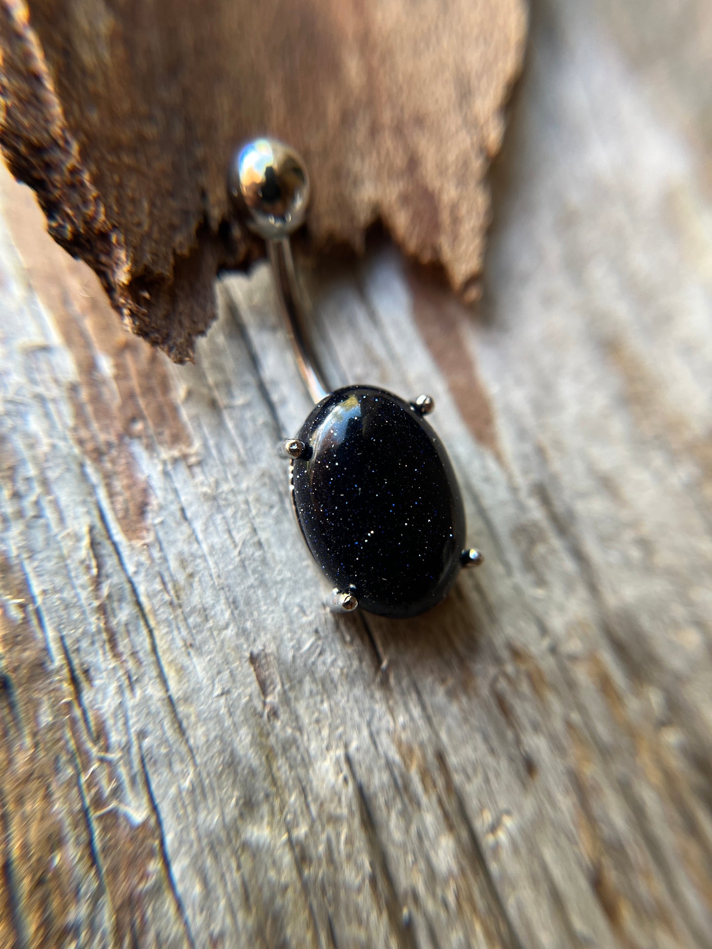 Galaxy Stone Blue Goldstone Pronged Oval Belly Ring 316L Surgical Steel