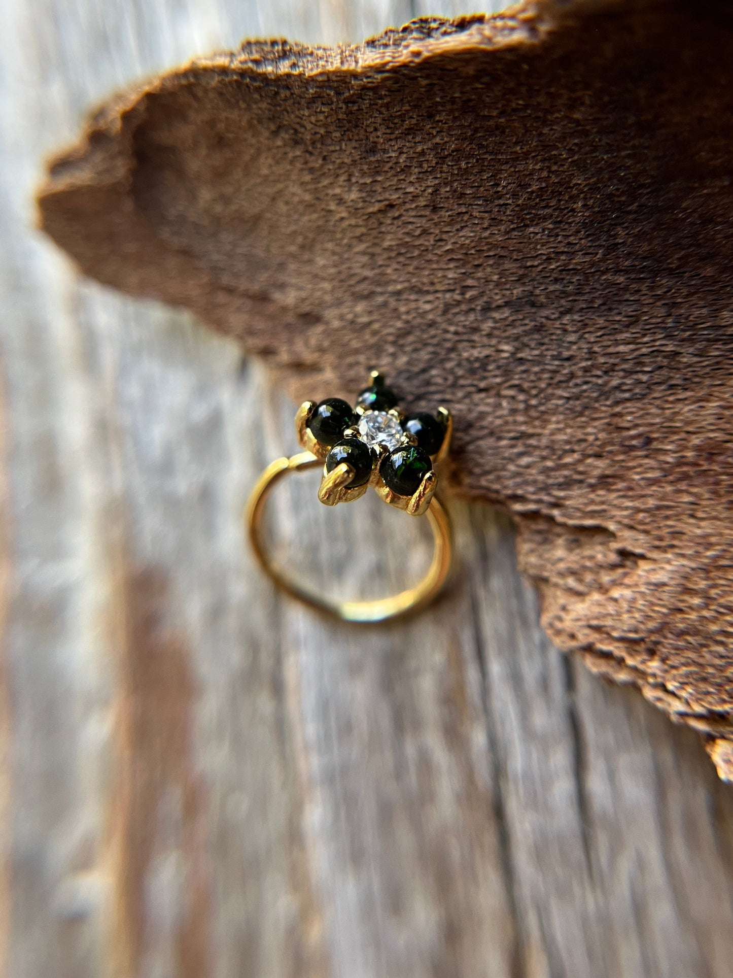 Black Fire Opal Flower 20G Gold Titanium IP Nose Hoop