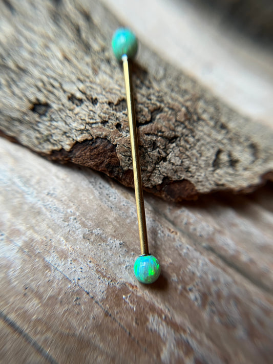 Jade Green Fire Opal Gold Titanium Ion Plated 14G Industrial Barbell