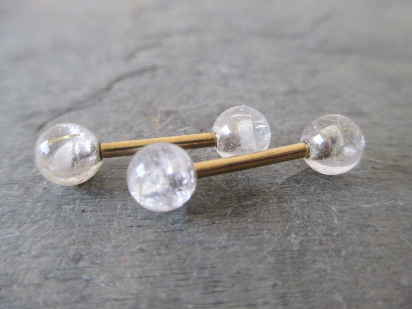 Gold Titanium Ion Plated Natural Golden Rutile Quartz 6mm Stone Nipple Tongue Ring 14G (1.6mm) Barbell Barbells Bars Piercing