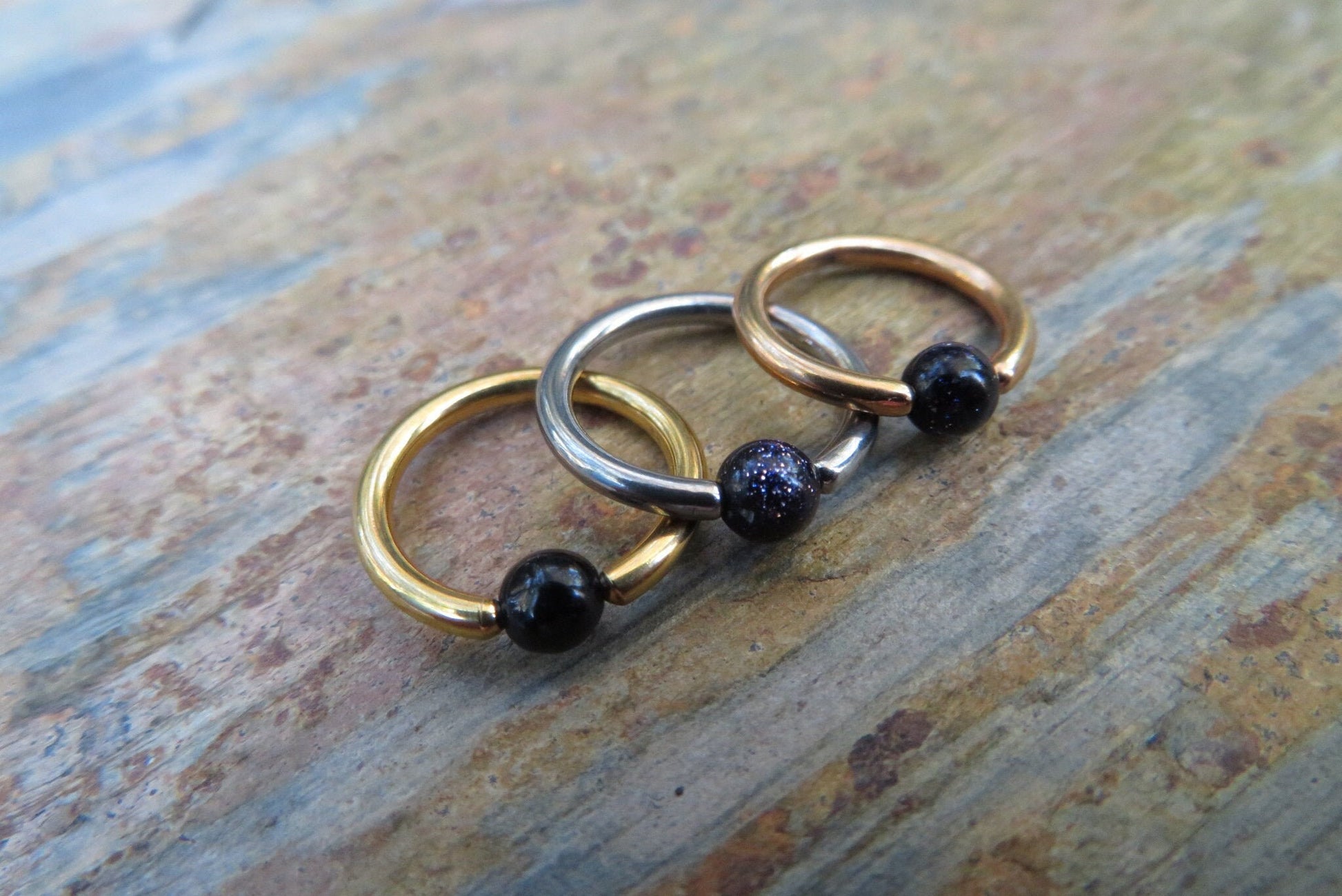 Galaxy Stone Bead Rose Gold Titanium Plated CBR Ring Hoop 16G (1.2mm) 14G (1.6mm) Navy Goldstone Nose Cartilage Septum Piercing 316L Steel