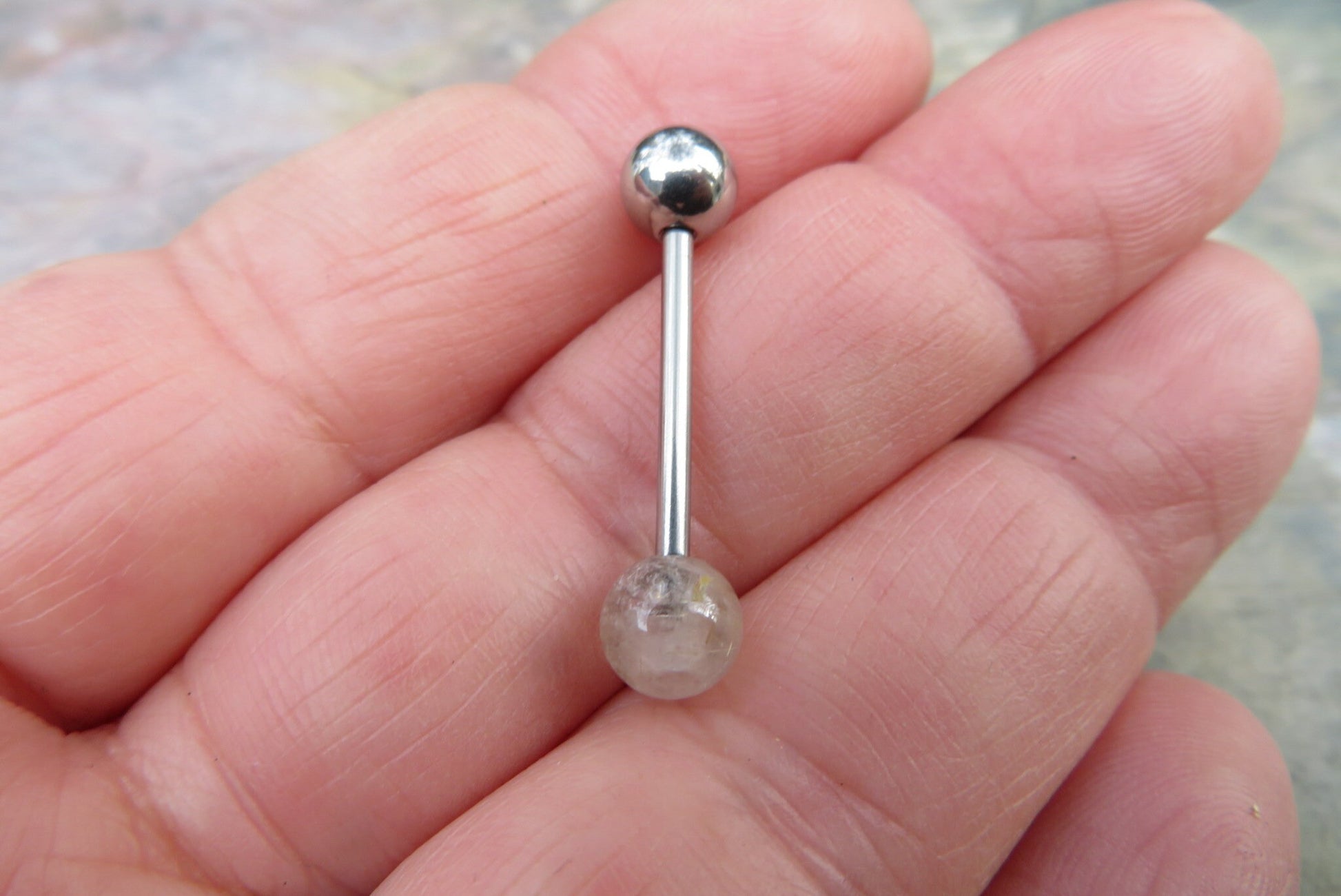 Golden Rutile Quartz Natural Stone Tongue Ring Barbell Bar 14G (1.6mm) Piercing Piercings Barbells Hypoallergenic 316L Surgical Steel