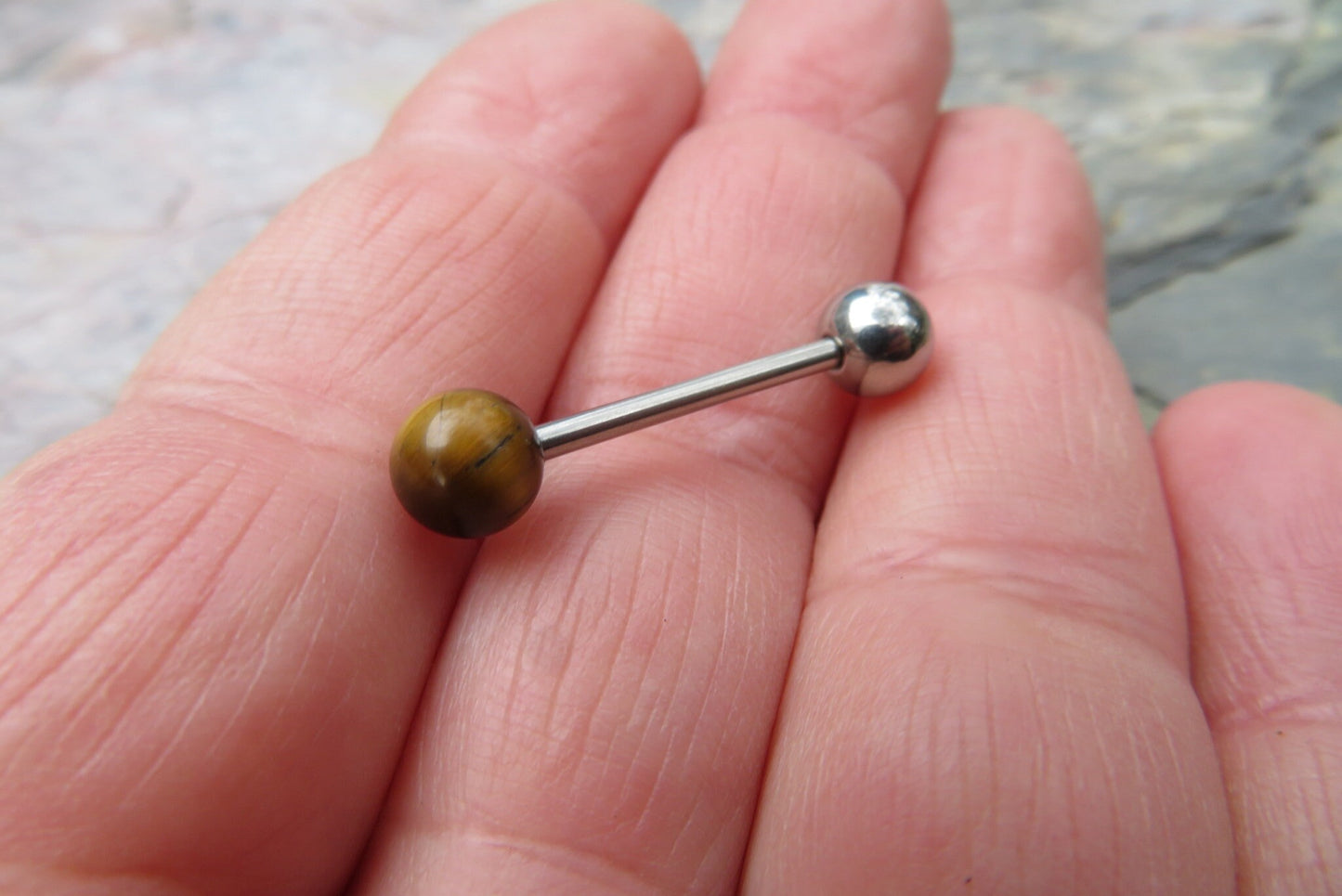Yellow Tiger's Eye Natural Stone Tongue Ring Barbell Bar 14G (1.6mm) Piercing Piercings Barbells Hypoallergenic 316L Surgical Steel