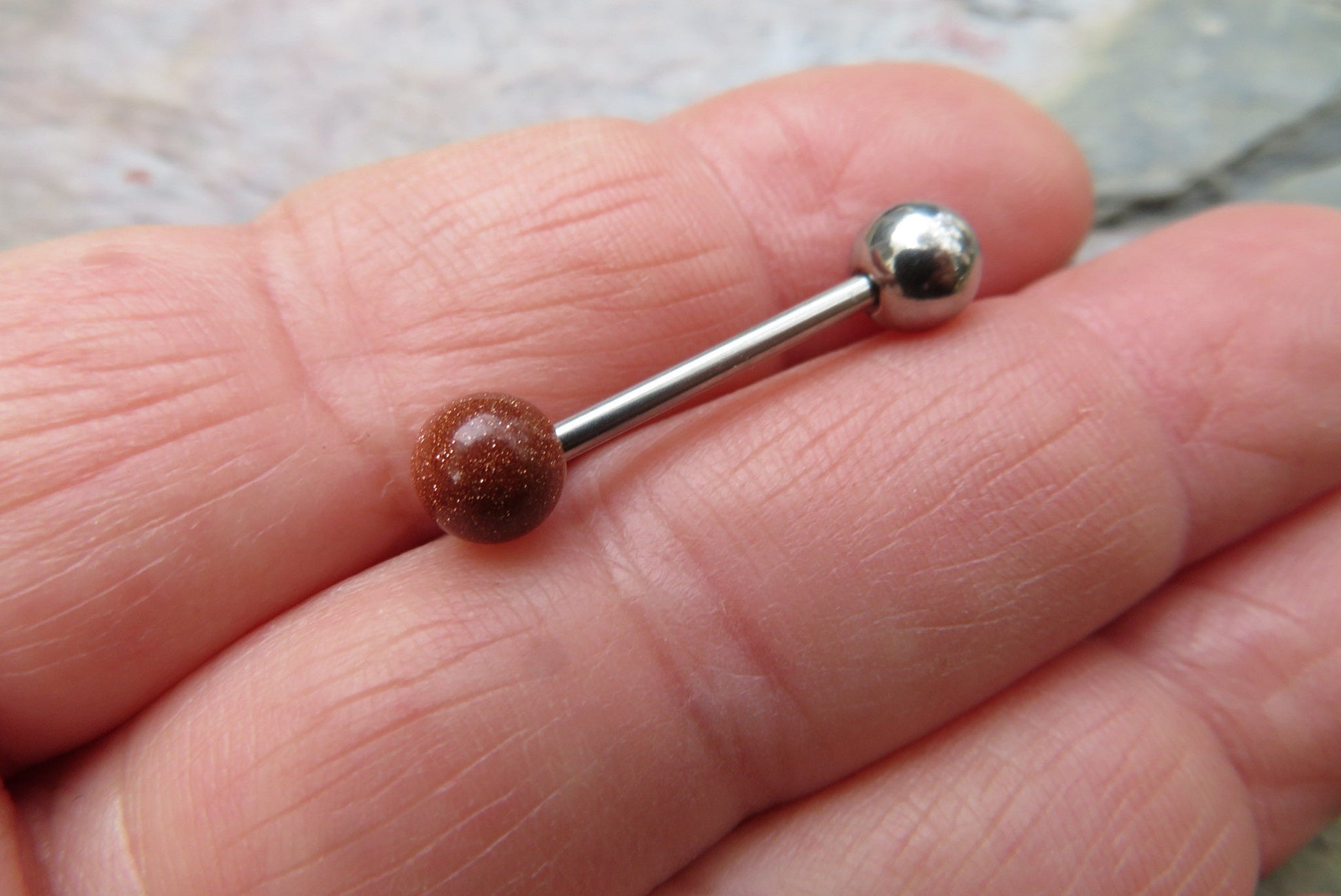 SALE! Orange Goldstone Tongue Ring Barbell Bar 14G (1.6mm) Piercing Piercings Barbells Gold Glitter Hypoallergenic 316L Surgical Steel
