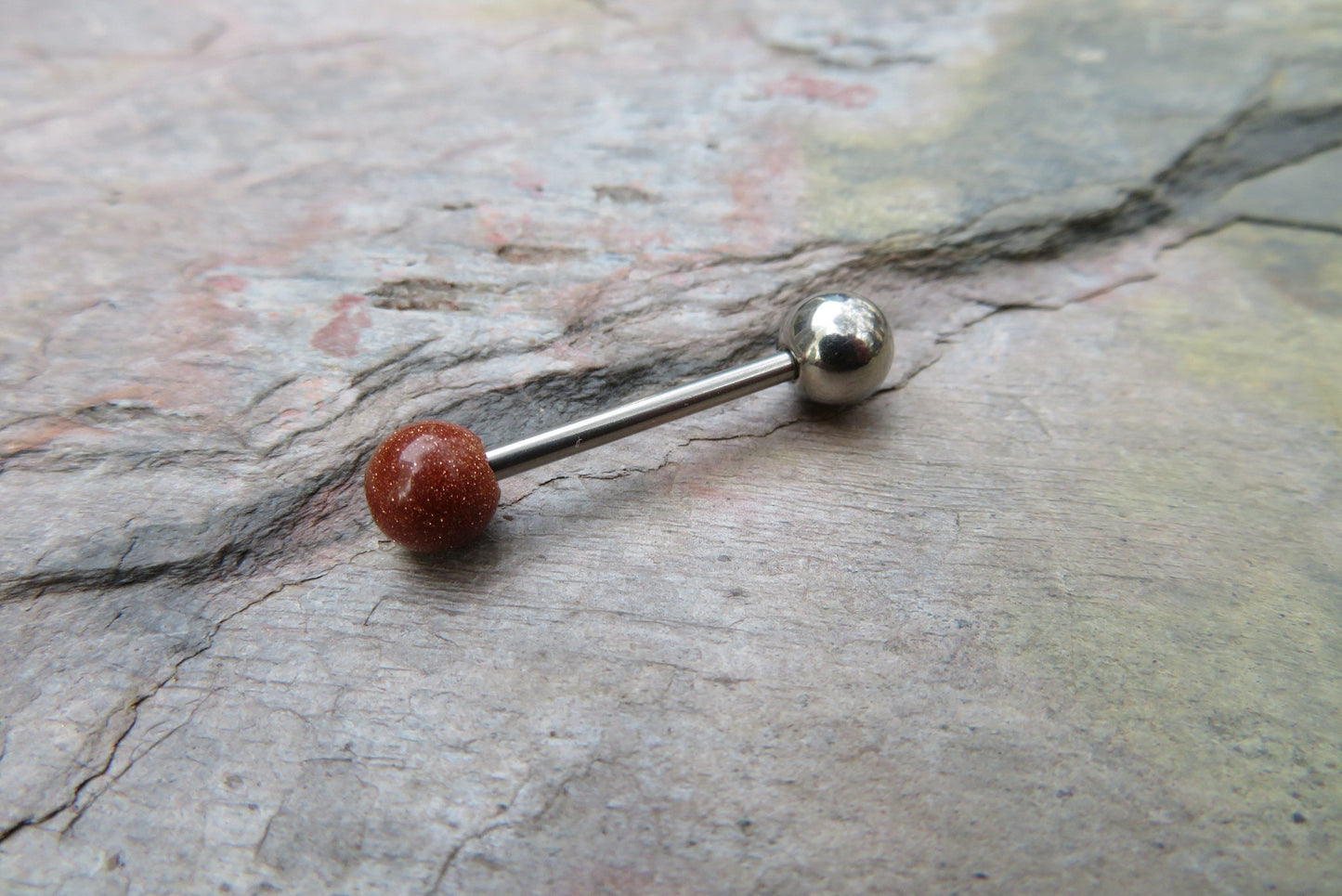 SALE! Orange Goldstone Tongue Ring Barbell Bar 14G (1.6mm) Piercing Piercings Barbells Gold Glitter Hypoallergenic 316L Surgical Steel