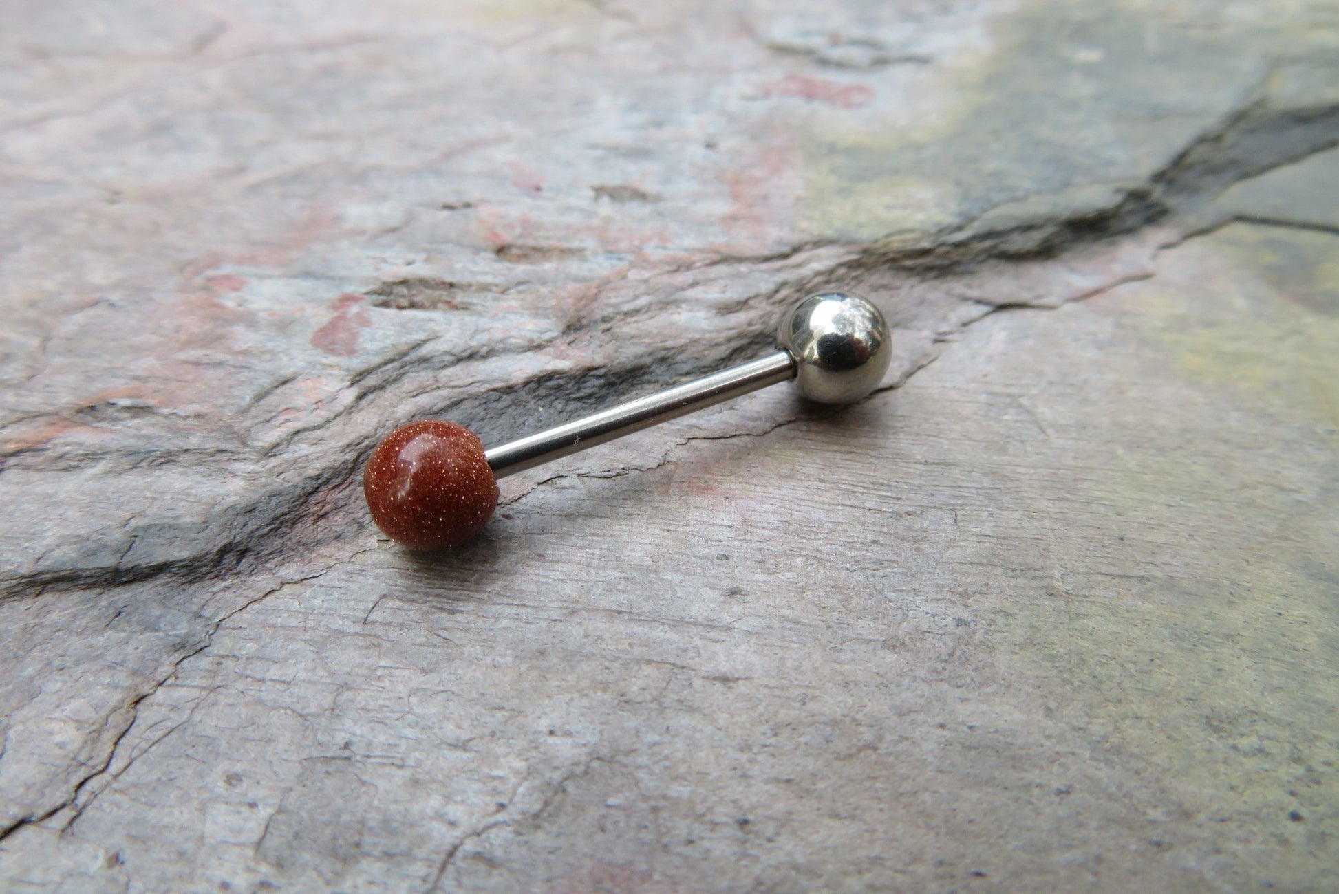 SALE! Orange Goldstone Tongue Ring Barbell Bar 14G (1.6mm) Piercing Piercings Barbells Gold Glitter Hypoallergenic 316L Surgical Steel