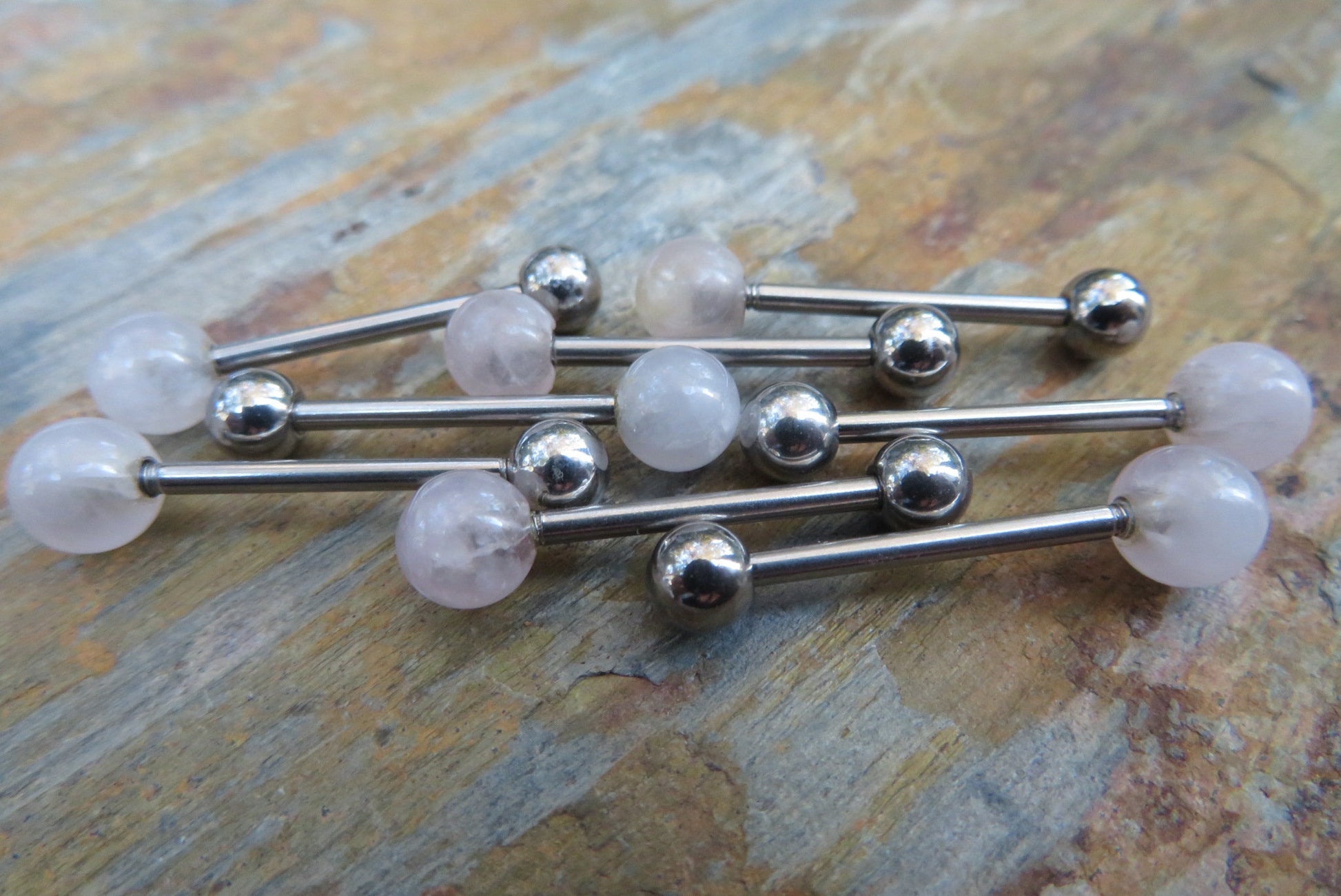 Rose Quartz Natural Stone Tongue Ring Barbell Bar 14G (1.6mm) Piercing Piercings Barbells Hypoallergenic 316L Surgical Steel