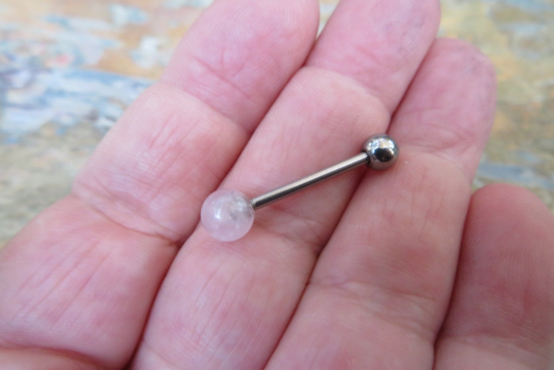 Rose Quartz Natural Stone Tongue Ring Barbell Bar 14G (1.6mm) Piercing Piercings Barbells Hypoallergenic 316L Surgical Steel