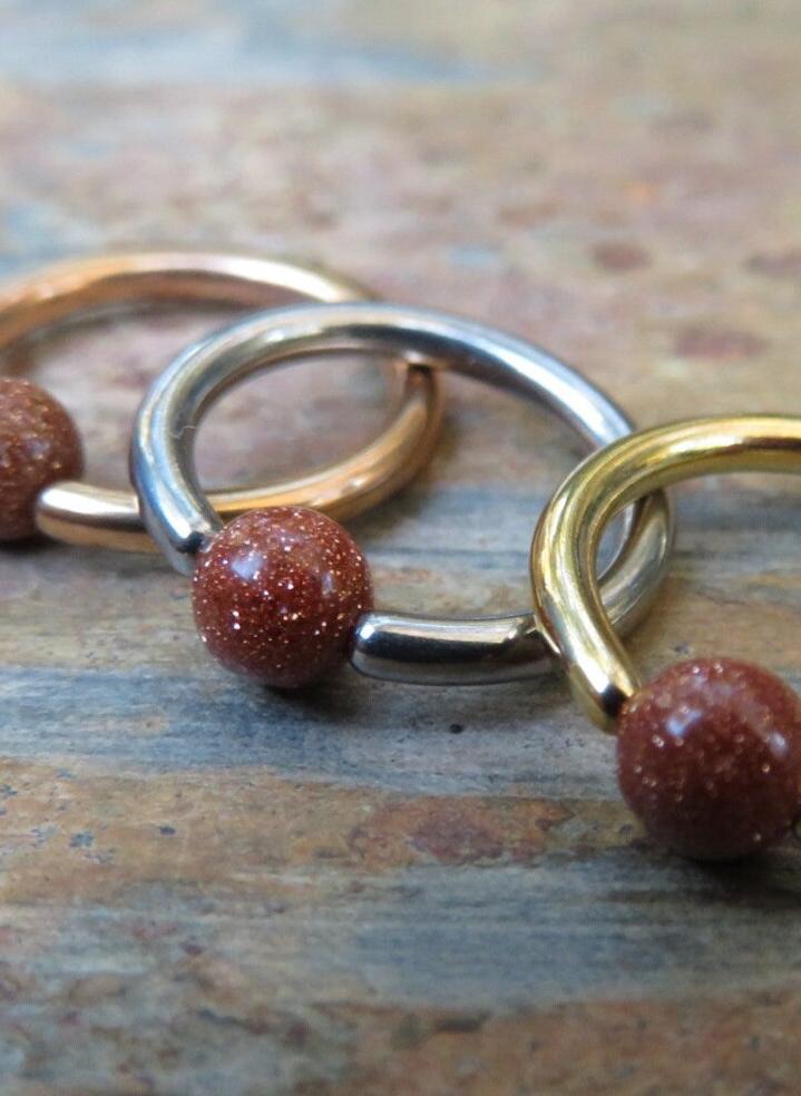 Orange Goldstone Bead Rose Gold Titanium Plated CBR Ring Hoop 16G (1.2mm) 14G (1.6mm) Nose Cartilage Septum Piercing 316L Steel