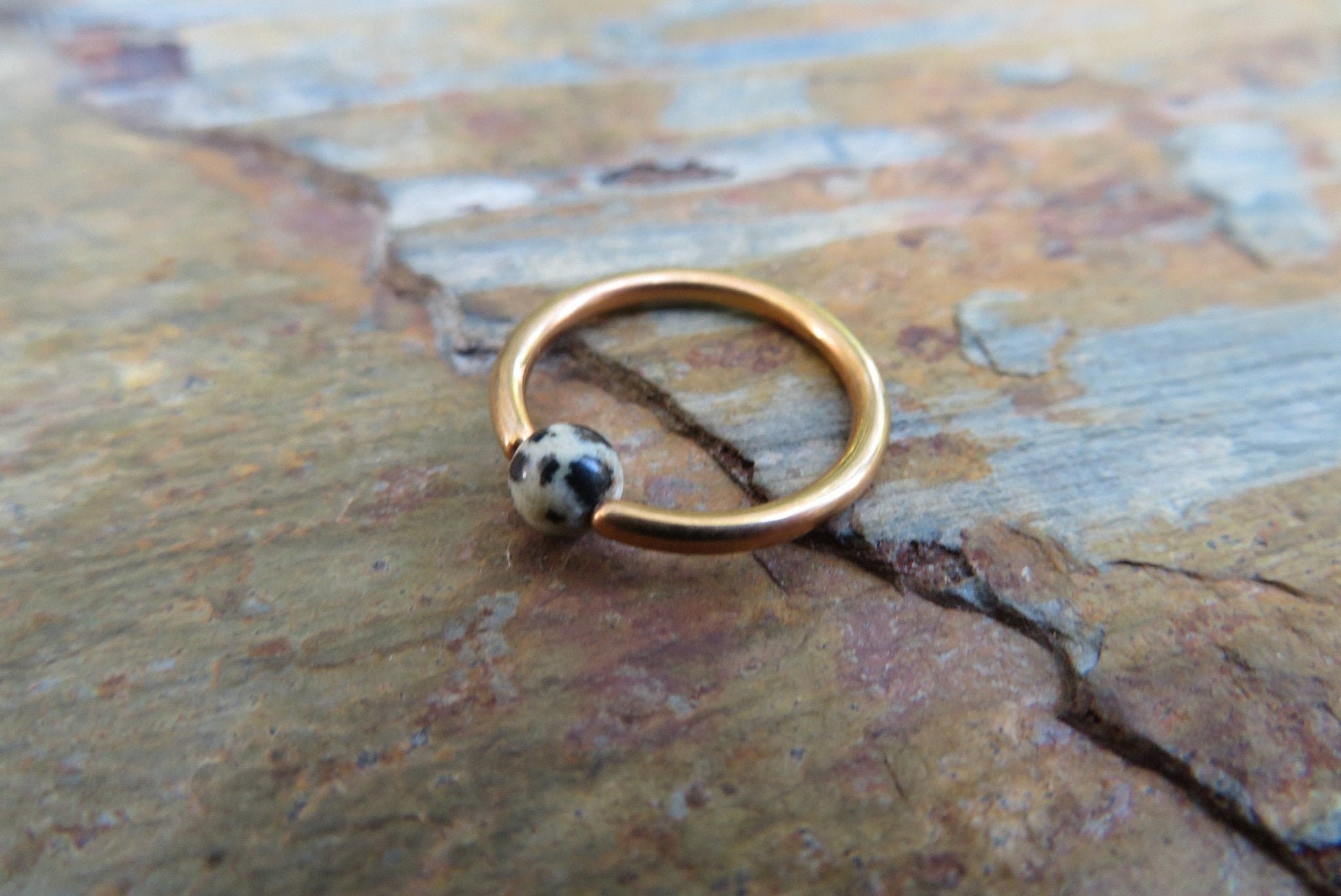 Natural Dalmatian Jasper Stone Bead Rose Gold Titanium Plated CBR Ring Hoop 16G (1.2mm) 14G (1.6mm) Nose Cartilage Septum Piercing Steel