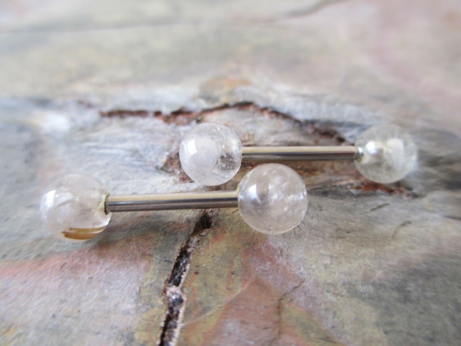 Pure Titanium Implant Grade 6Al-4V-Eli ASTM F Golden Rutile Quartz Natural Stone Nipple Tongue Ring Barbells 14G (1.6mm) Barbell Piercing