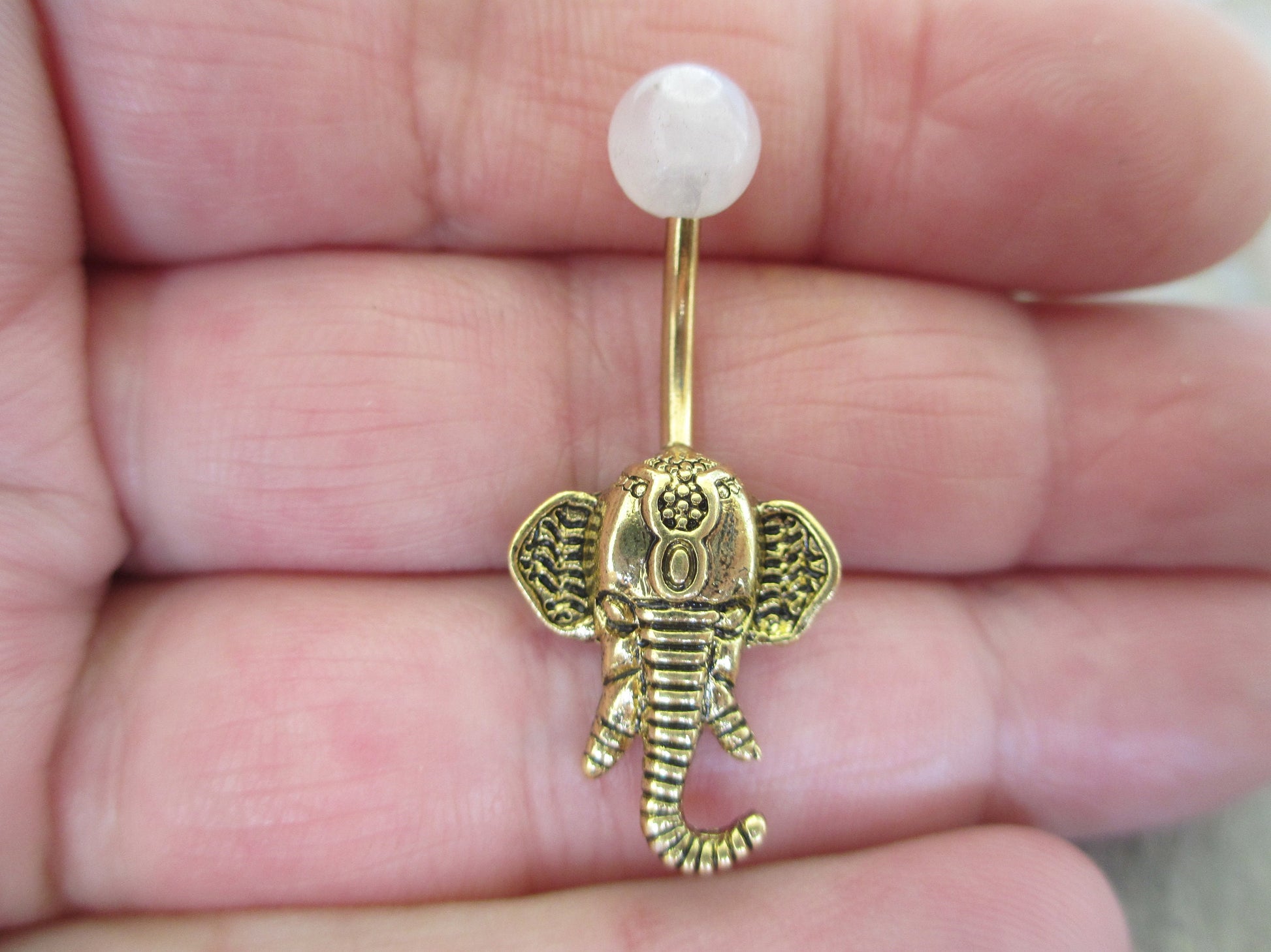 Rose Quartz Natural Stone Ganesha Elephant 14G (1.6mm) Belly Navel Ring Piercing Rose Gold Steel Barbell