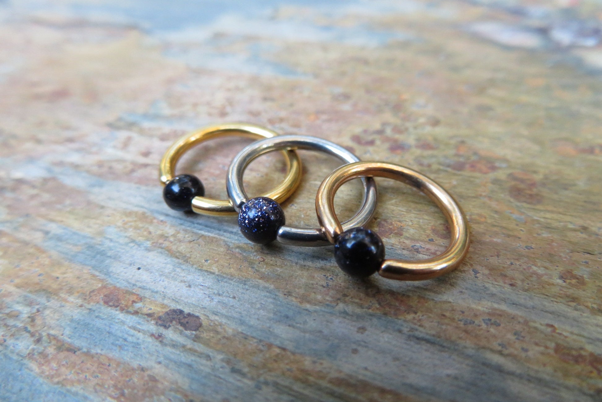 Galaxy Stone Glass Bead Gold Titanium Plated CBR Ring Hoop 16G (1.2mm) 14G (1.6mm) Nose Cartilage Septum Piercing Navy Goldstone 316L Steel