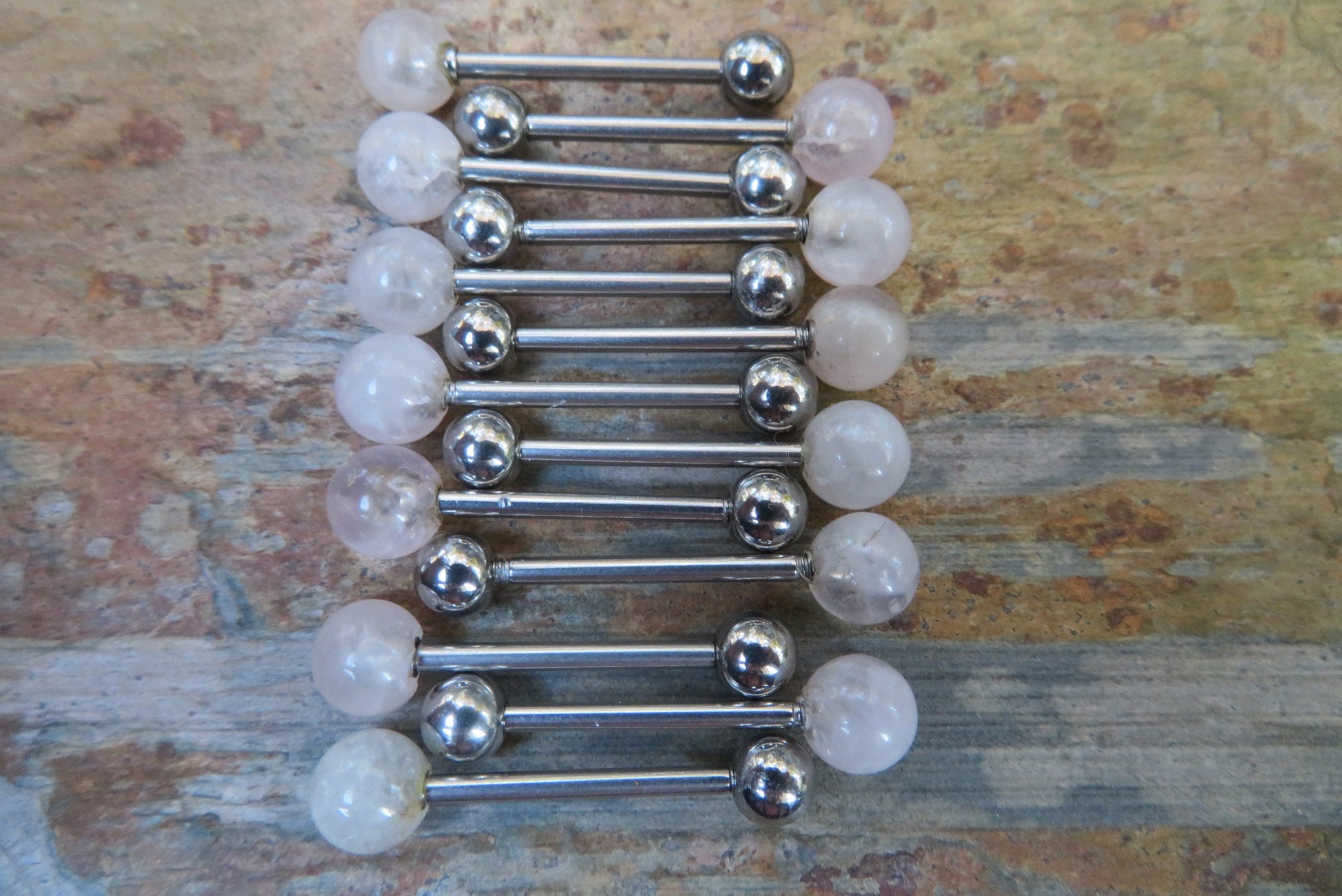 Rose Quartz Natural Stone Tongue Ring Barbell Bar 14G (1.6mm) Piercing Piercings Barbells Hypoallergenic 316L Surgical Steel