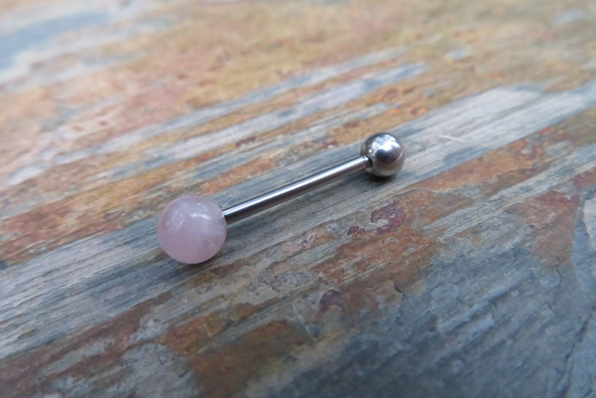 Rose Quartz Natural Stone Tongue Ring Barbell Bar 14G (1.6mm) Piercing Piercings Barbells Hypoallergenic 316L Surgical Steel