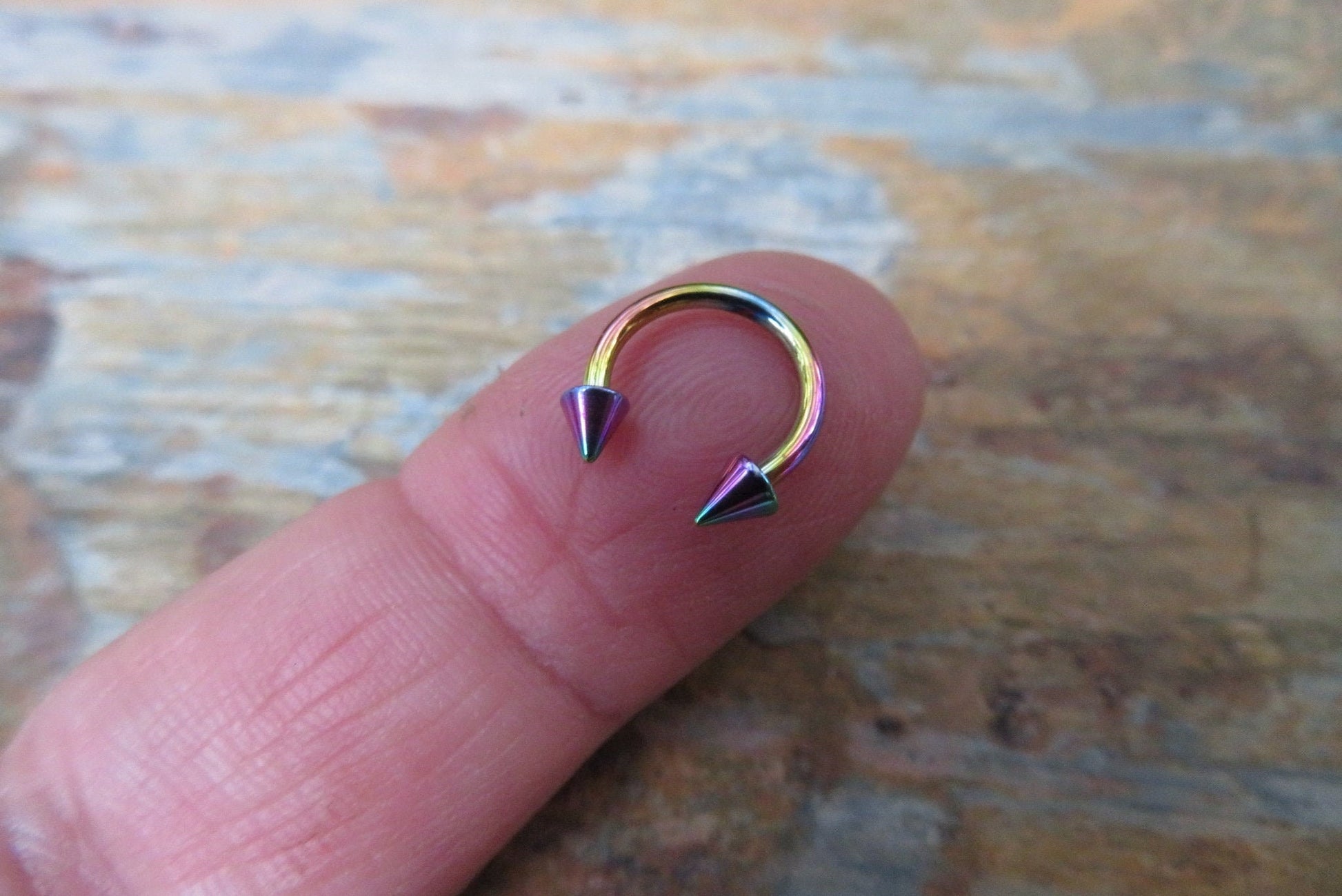 Rainbow Titanium Ion Plated Spiked 16G (1.2mm) Horseshoe Ring Septum Piercing 316L Surgical Steel Spikes