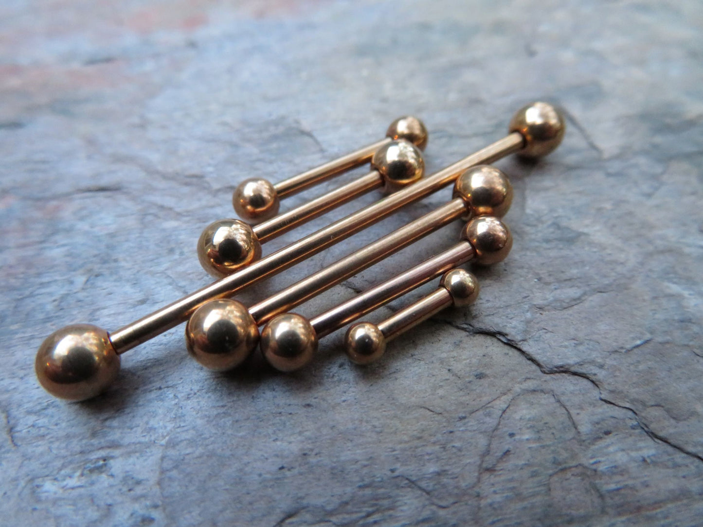 One Single 14g (1.6mm) Barbell Rose Gold IP Custom Length & Ball Size Standard Industrial Nipple Tongue Piercing Bars Scaffold Ring Steel