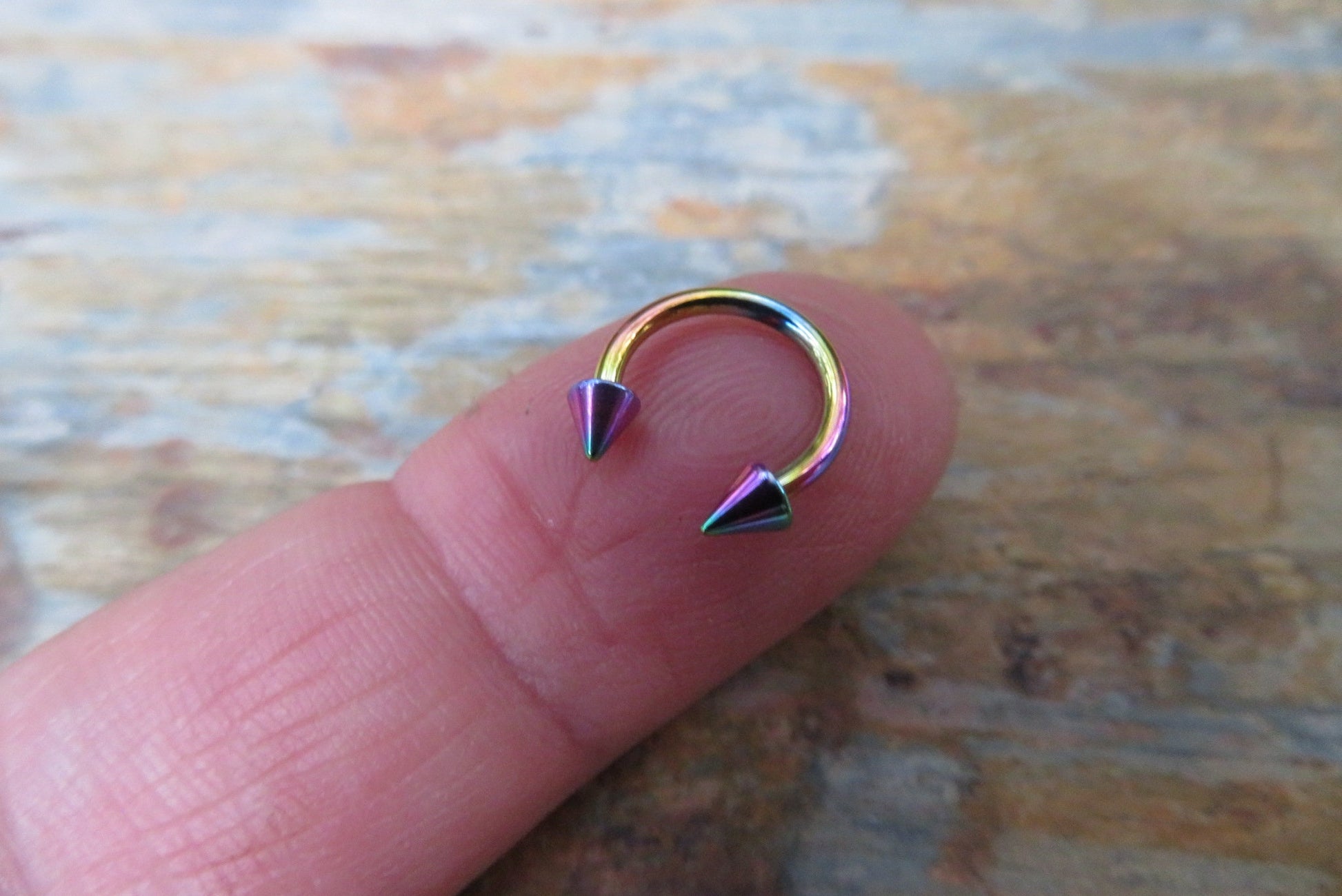 Rainbow Titanium Ion Plated Spiked 16G (1.2mm) Horseshoe Ring Septum Piercing 316L Surgical Steel Spikes