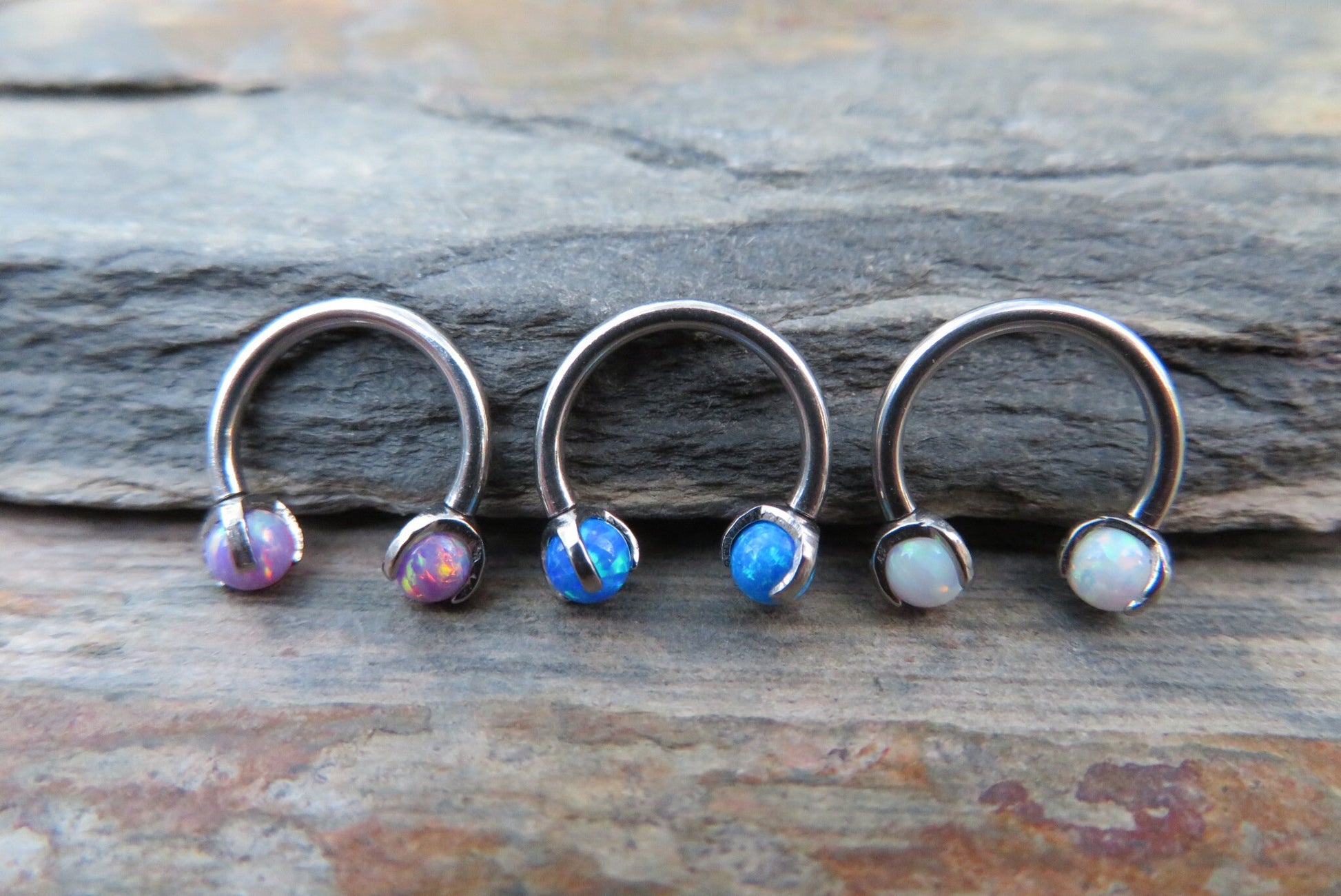 316L Surgical Steel Pronged Blue Fire Opal 16G (1.2mm) Internally Threaded Horseshoe Nose Ring Septum Piercing