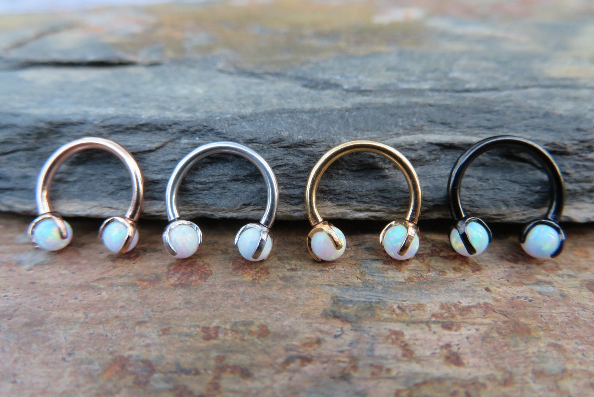 Gold Titanium Ion Plated White Opal Pronged 16G (1.2mm) Internally Threaded Horseshoe Nose Ring Septum Piercing 316L Surgical Steel