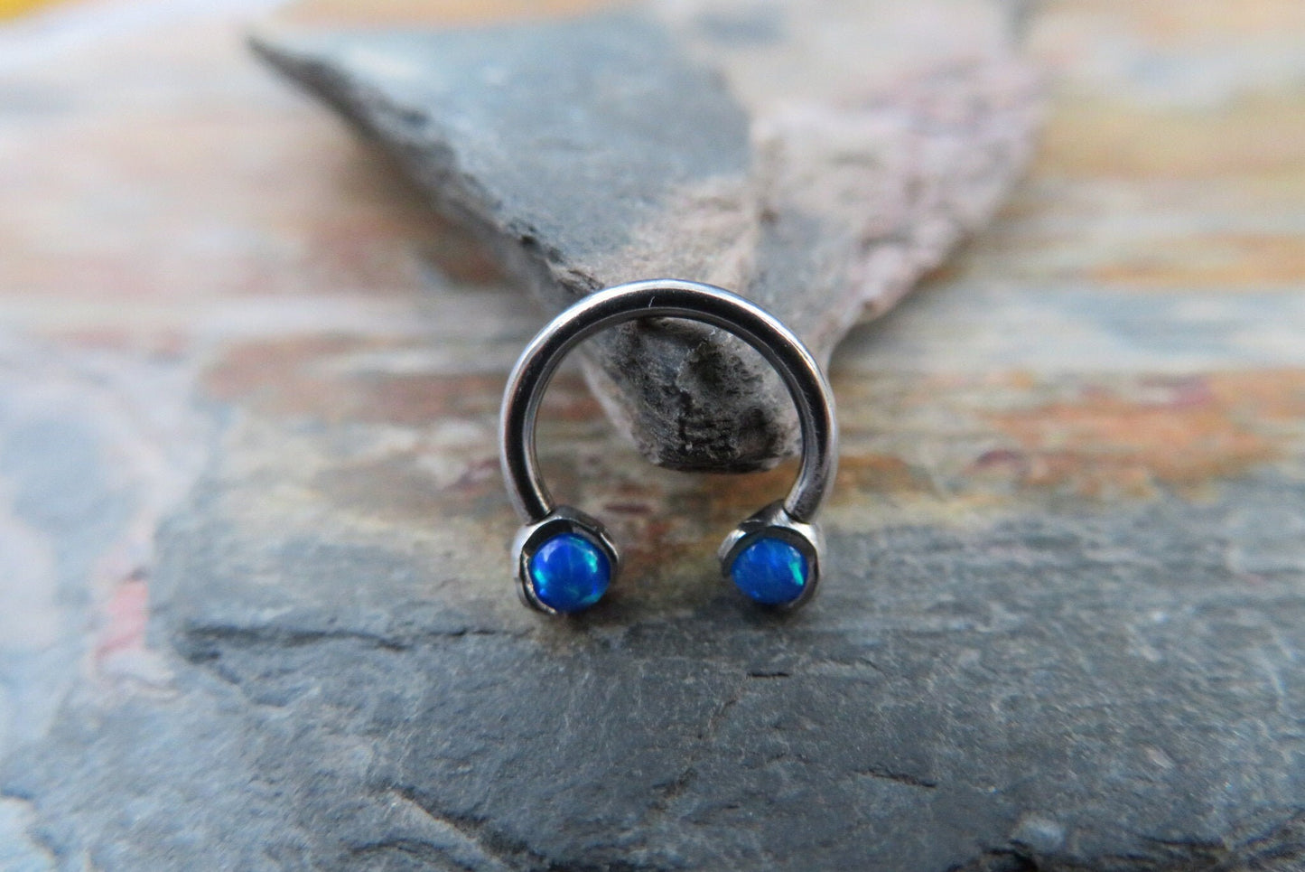 316L Surgical Steel Pronged Blue Fire Opal 16G (1.2mm) Internally Threaded Horseshoe Nose Ring Septum Piercing