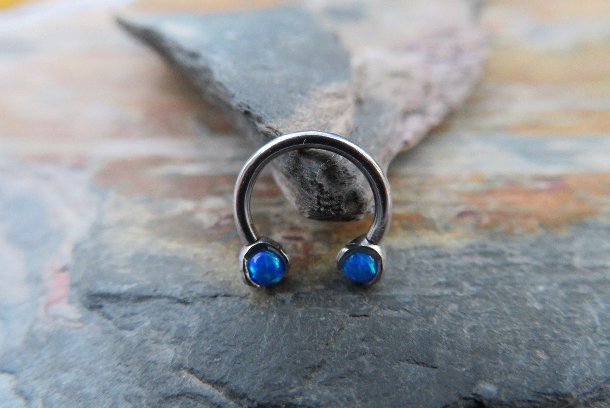 316L Surgical Steel Pronged Blue Fire Opal 16G (1.2mm) Internally Threaded Horseshoe Nose Ring Septum Piercing