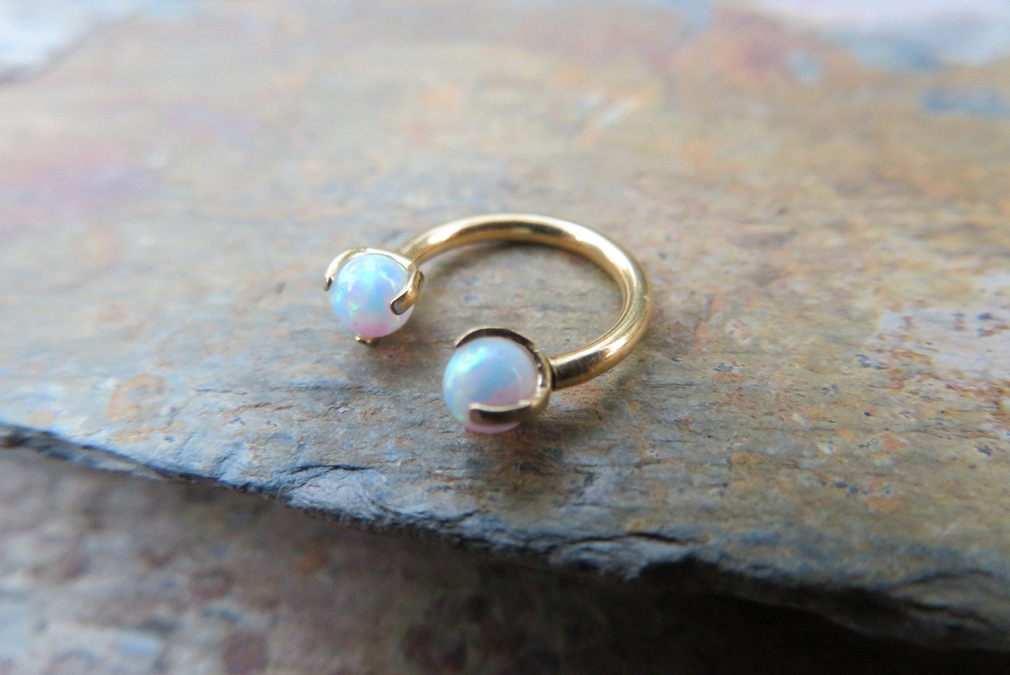 Gold Titanium Ion Plated White Opal Pronged 16G (1.2mm) Internally Threaded Horseshoe Nose Ring Septum Piercing 316L Surgical Steel