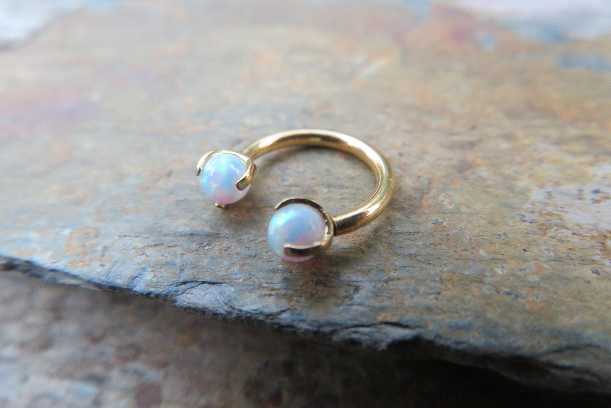 Gold Titanium Ion Plated White Opal Pronged 16G (1.2mm) Internally Threaded Horseshoe Nose Ring Septum Piercing 316L Surgical Steel