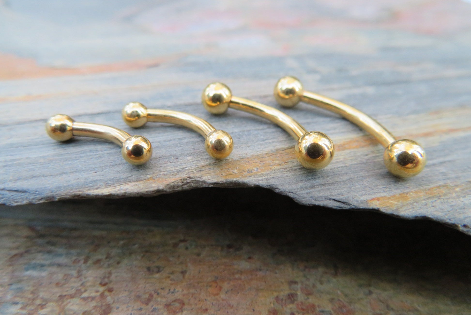 Gold Titanium Ion Plated Tiny Balls Petite Custom Length 14G (1.6mm) Barbell Curve Belly Nipple Tongue Piercing Surgical Steel Base