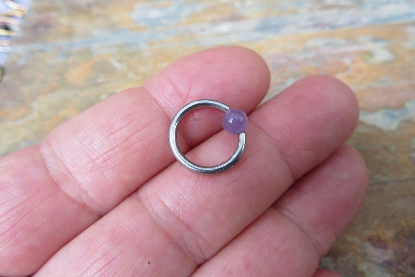 Natural Purple Amethyst Stone Bead Steel CBR Ring Hoop 16G (1.2mm) 14G (1.6mm) Nose Cartilage Septum Piercing 316L Surgical Hypoallergenic