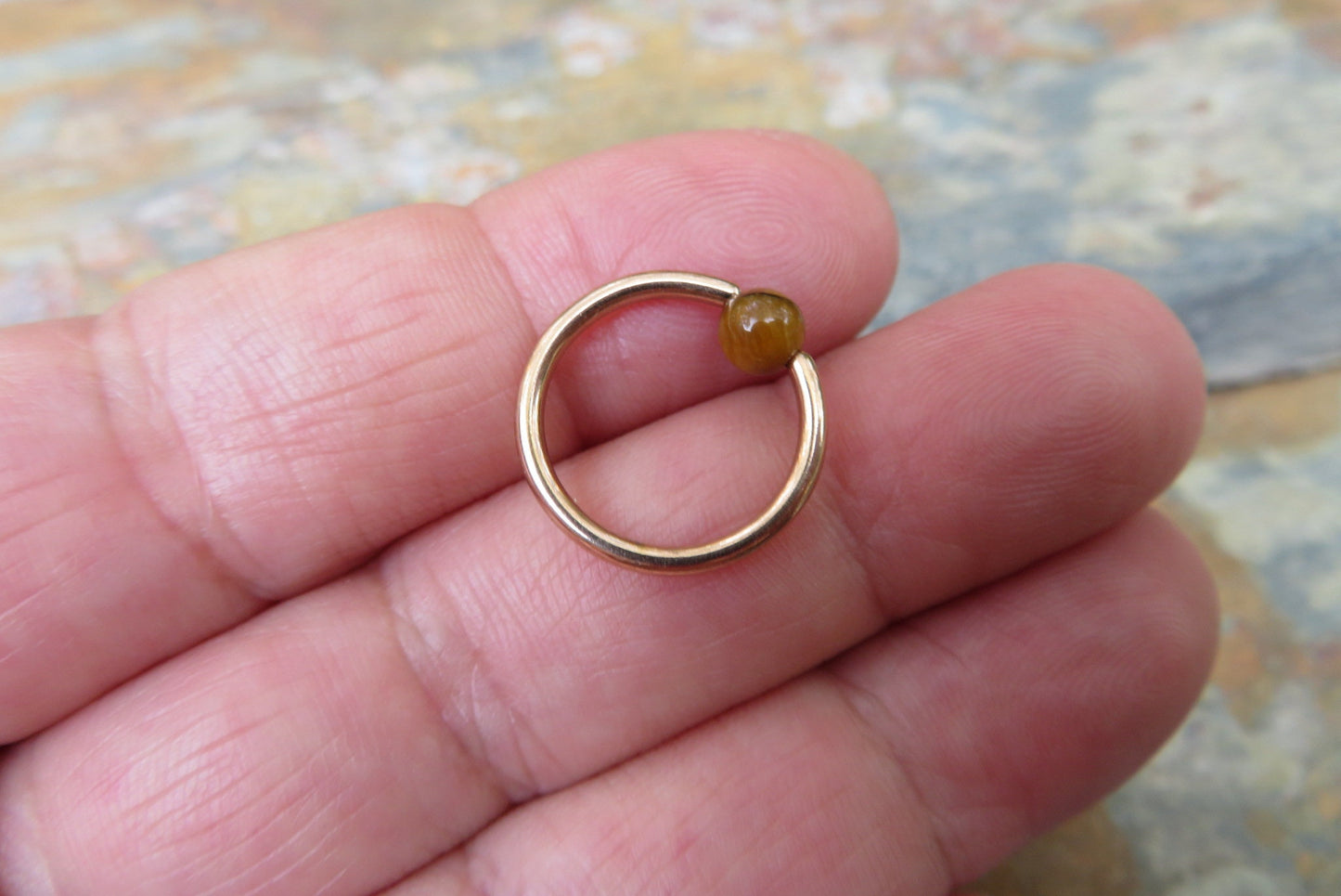 Natural Yellow Tiger's Eye Stone Bead Rose Gold Titanium Plated CBR Ring Hoop 16G (1.2mm) 14G (1.6mm) Nose Cartilage Septum Piercing Steel