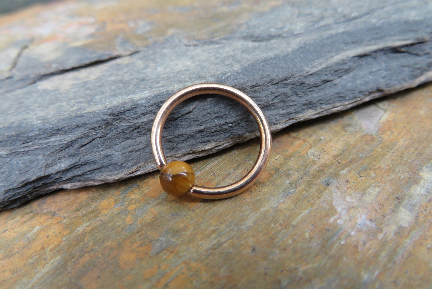 Natural Yellow Tiger's Eye Stone Bead Rose Gold Titanium Plated CBR Ring Hoop 16G (1.2mm) 14G (1.6mm) Nose Cartilage Septum Piercing Steel