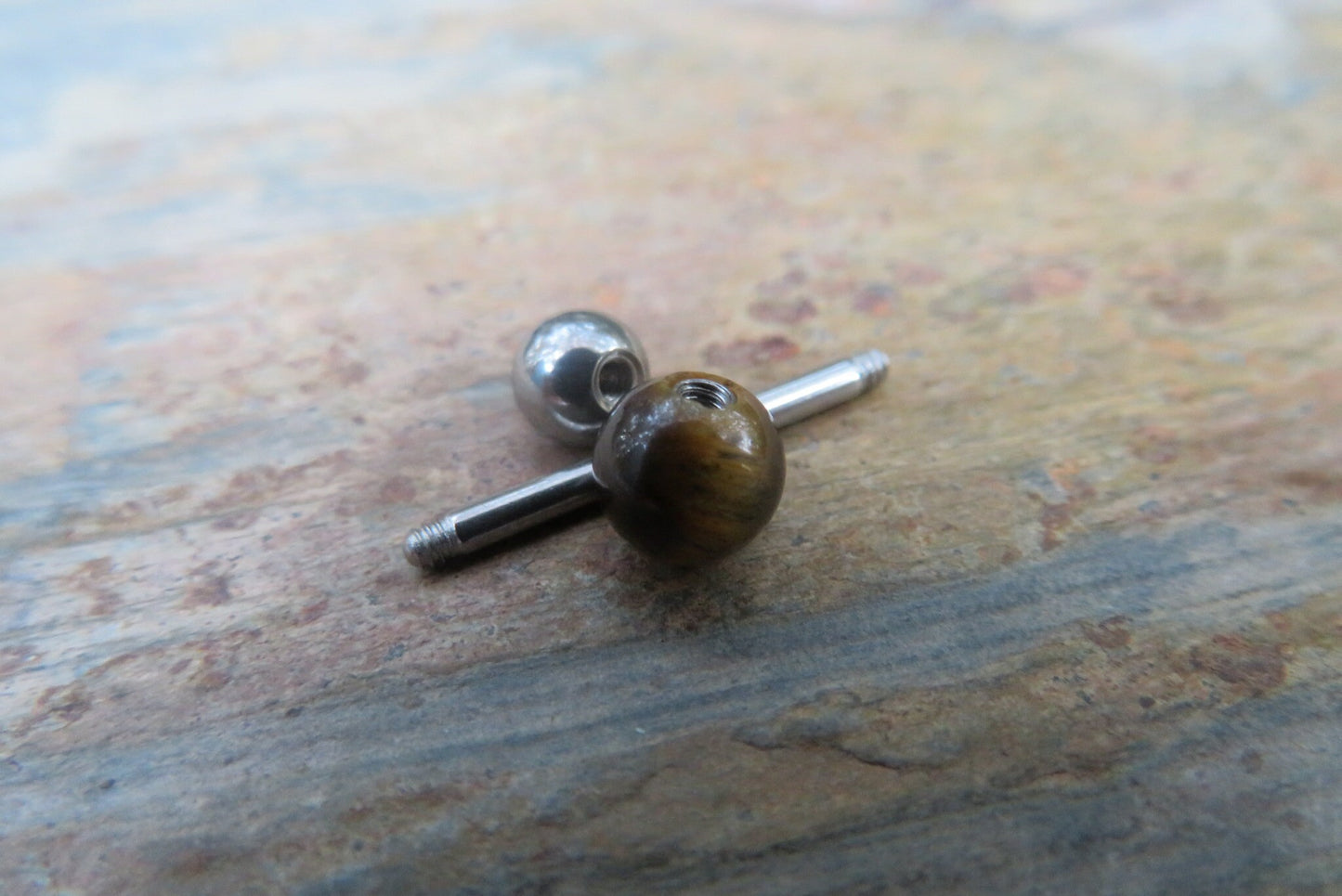 Yellow Tiger's Eye Natural Stone Tongue Ring Barbell Bar 14G (1.6mm) Piercing Piercings Barbells Hypoallergenic 316L Surgical Steel