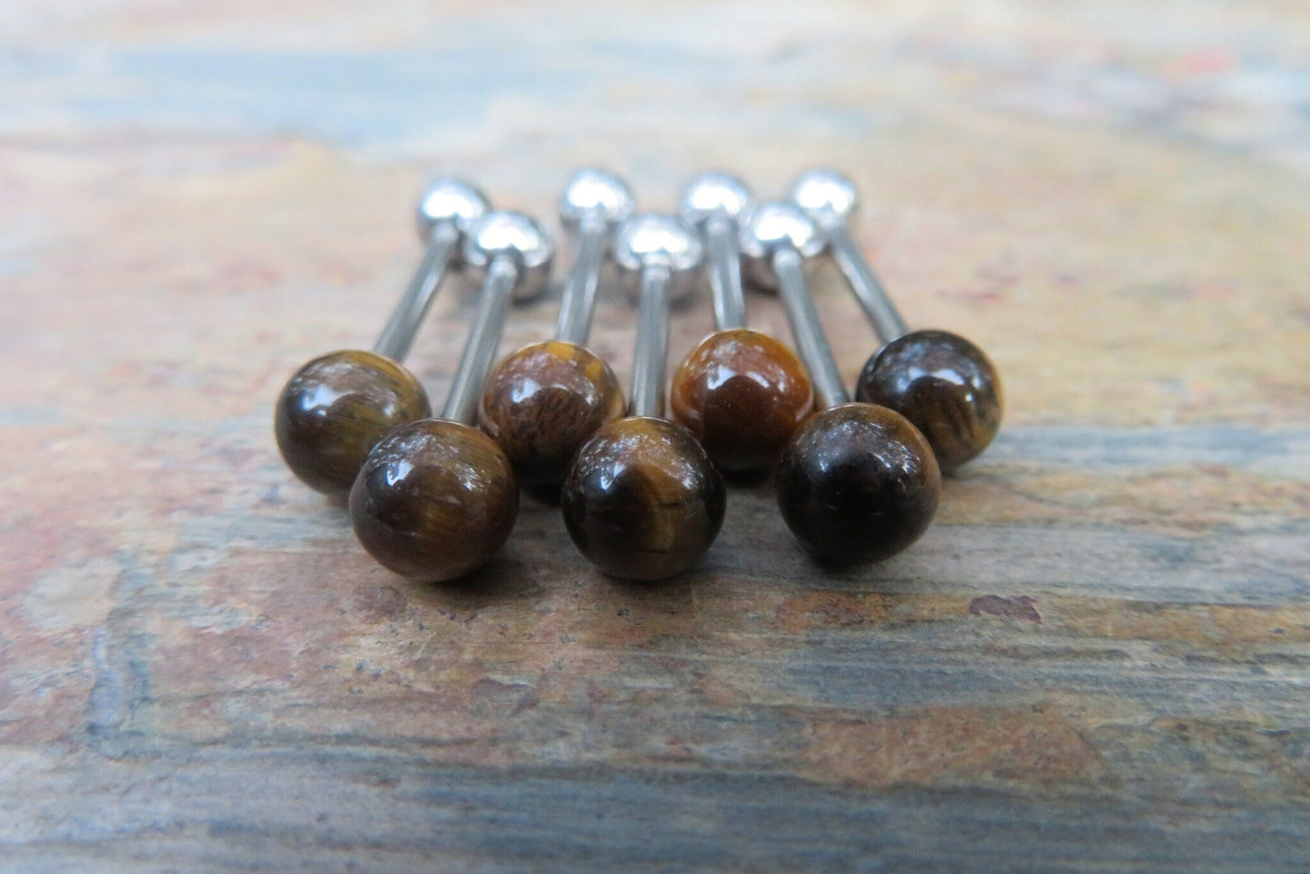 Yellow Tiger's Eye Natural Stone Tongue Ring Barbell Bar 14G (1.6mm) Piercing Piercings Barbells Hypoallergenic 316L Surgical Steel