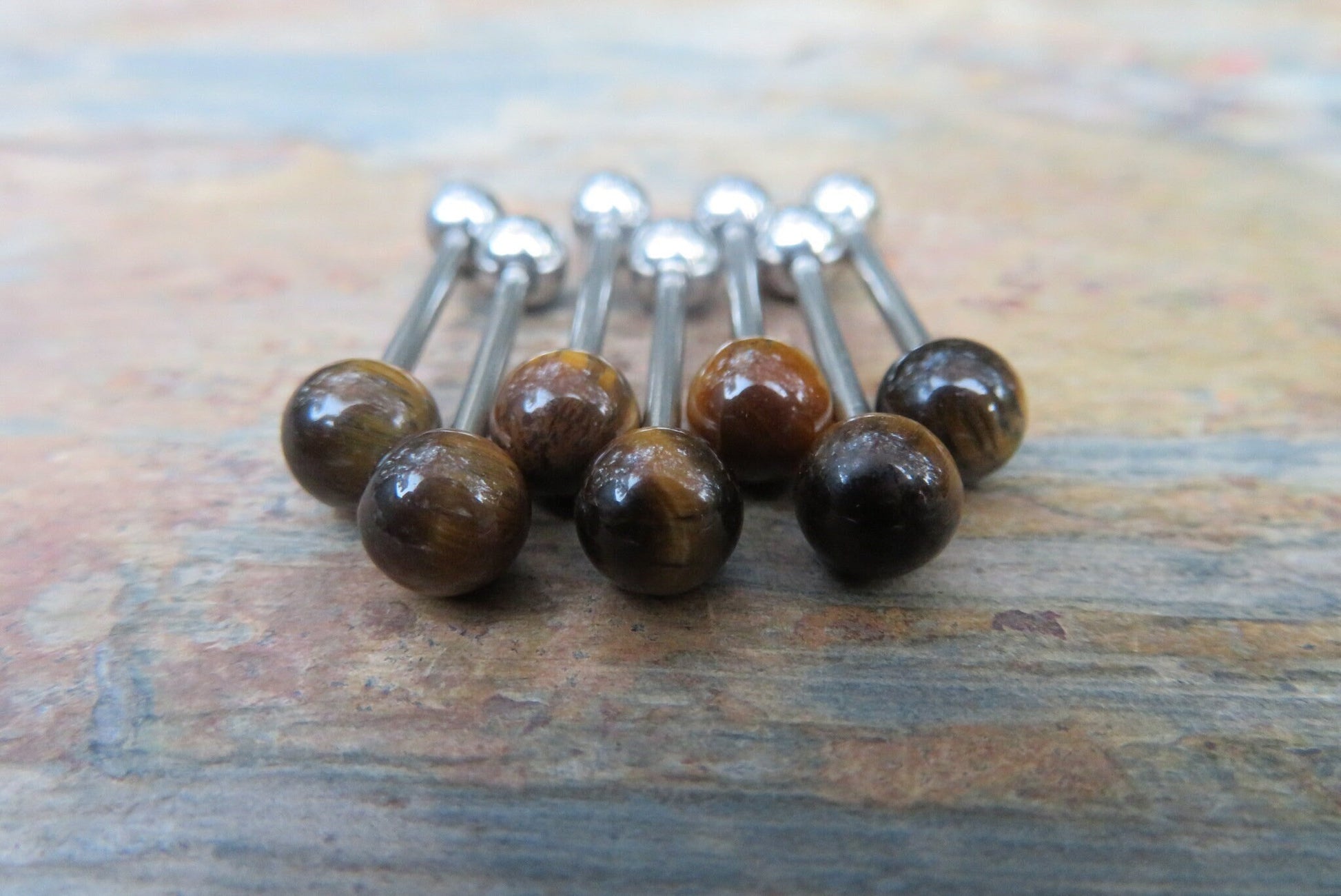 Yellow Tiger's Eye Natural Stone Tongue Ring Barbell Bar 14G (1.6mm) Piercing Piercings Barbells Hypoallergenic 316L Surgical Steel