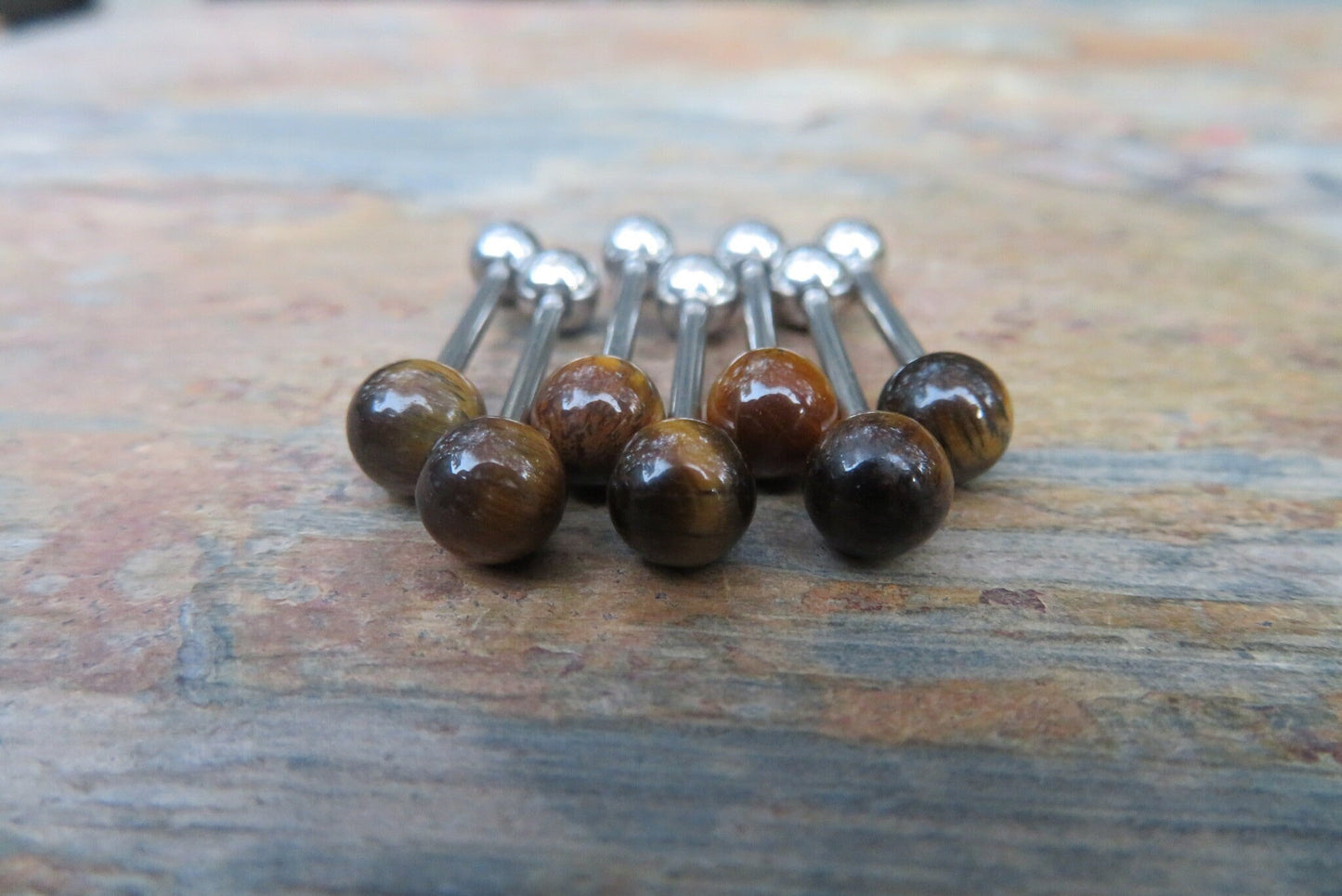 Yellow Tiger's Eye Natural Stone Tongue Ring Barbell Bar 14G (1.6mm) Piercing Piercings Barbells Hypoallergenic 316L Surgical Steel