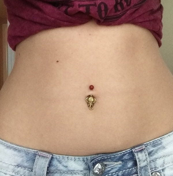 Rose Quartz Natural Stone Ganesha Elephant 14G (1.6mm) Belly Navel Ring Piercing Rose Gold Steel Barbell