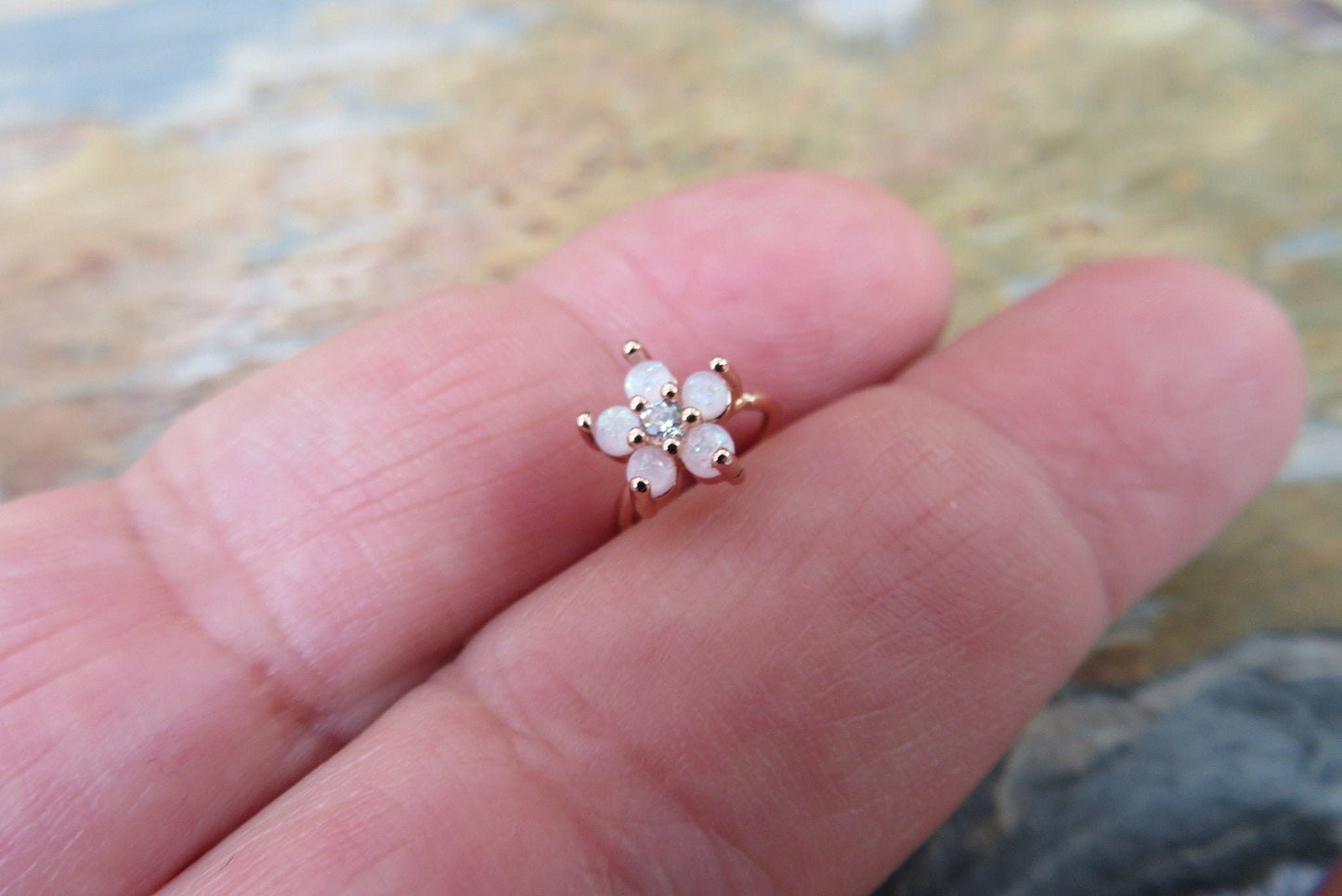 Silver Fire Opal Glitter Flower Nose Ring Hoop 20G (.81mm) Miyuki Glass Bead Nose Cartilage Tragus Piercing