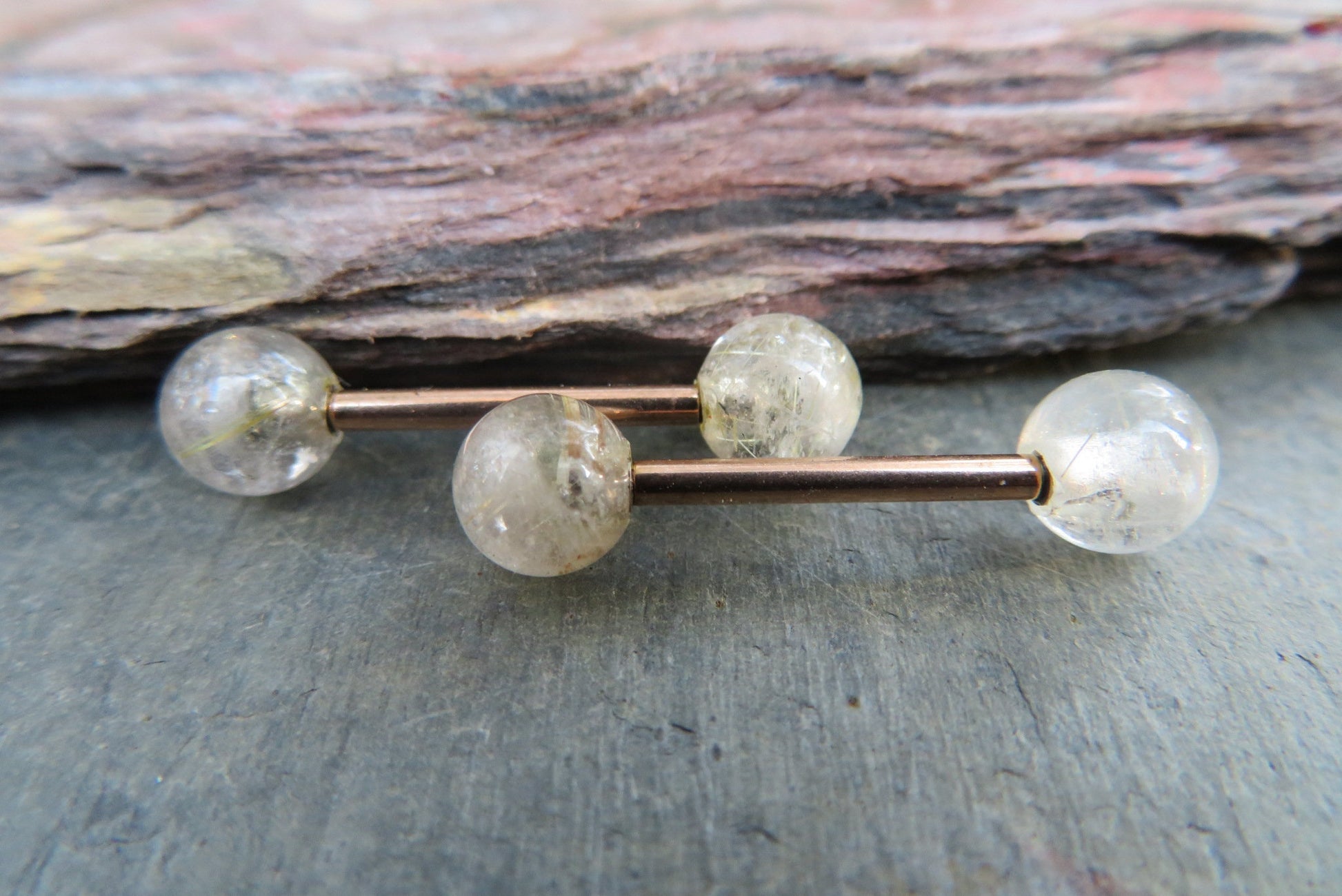 Rose Gold Titanium Ion Plated Natural Golden Rutile Quartz 6mm Stone Nipple Tongue Ring 14G (1.6mm) Barbell Barbells Bars Piercing