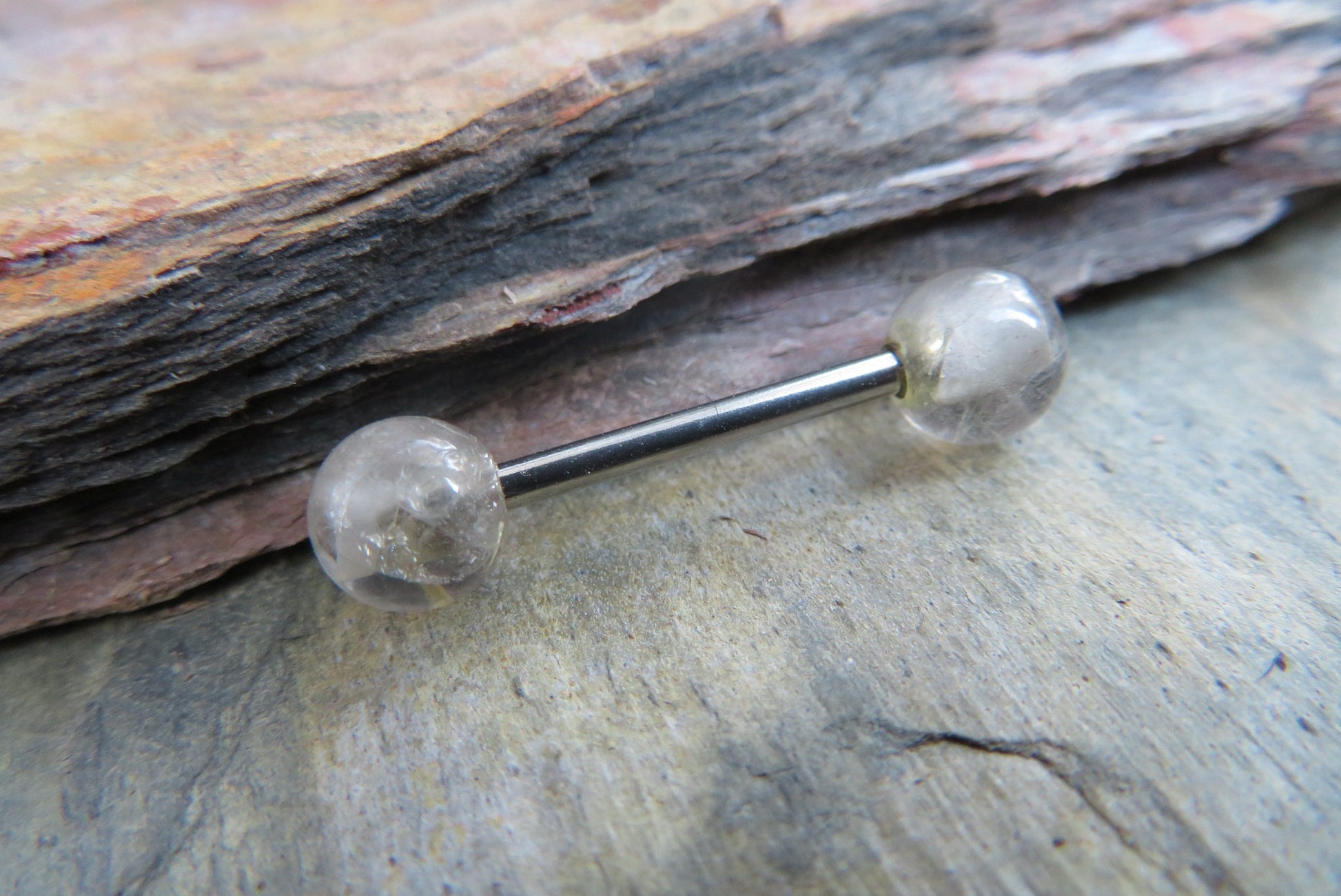 Pure Titanium Implant Grade 6Al-4V-Eli ASTM F Golden Rutile Quartz Natural Stone Nipple Tongue Ring Barbells 14G (1.6mm) Barbell Piercing