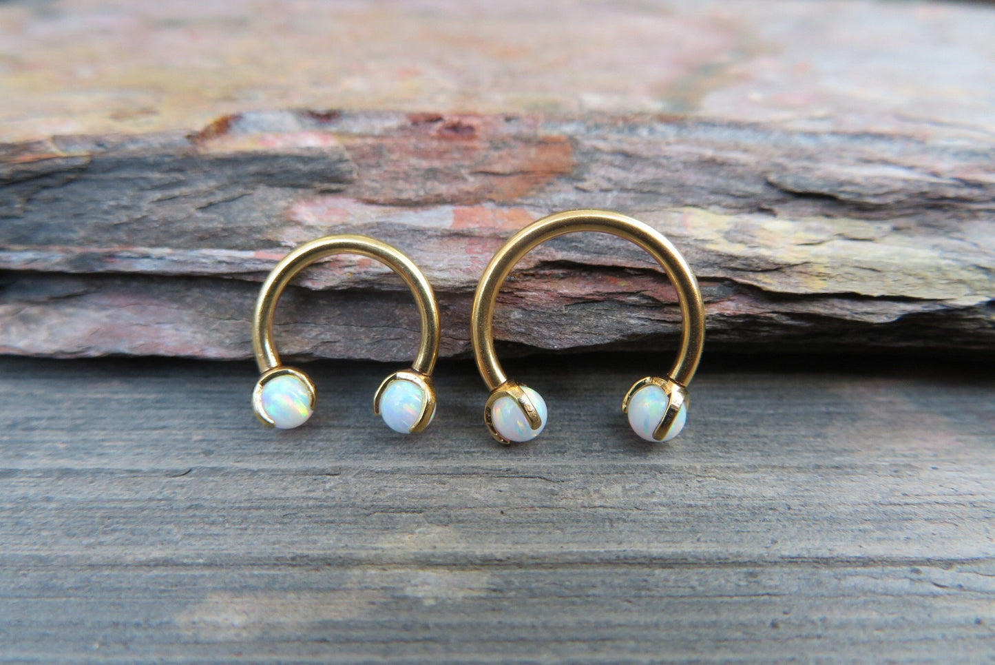 Gold Titanium Ion Plated White Opal Pronged 16G (1.2mm) Internally Threaded Horseshoe Nose Ring Septum Piercing 316L Surgical Steel