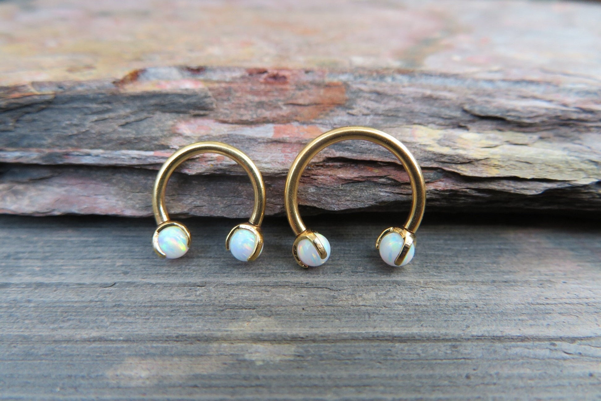 Gold Titanium Ion Plated White Opal Pronged 16G (1.2mm) Internally Threaded Horseshoe Nose Ring Septum Piercing 316L Surgical Steel