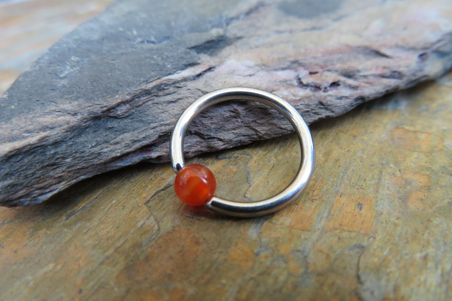Natural Carnelian Stone Bead Steel CBR Ring Hoop 16G (1.2mm) 14G (1.6mm) Nose Cartilage Septum Lip Piercing 316L Surgical Hypoallergenic