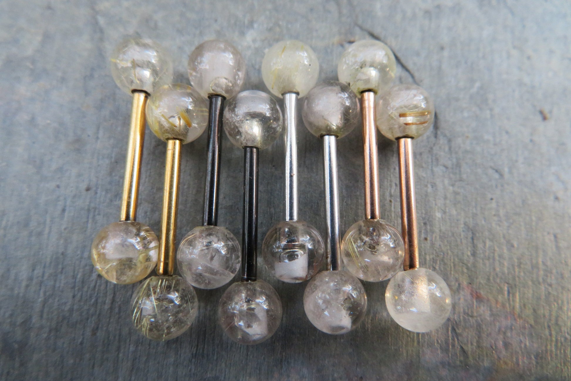 Rose Gold Titanium Ion Plated Natural Golden Rutile Quartz 6mm Stone Nipple Tongue Ring 14G (1.6mm) Barbell Barbells Bars Piercing