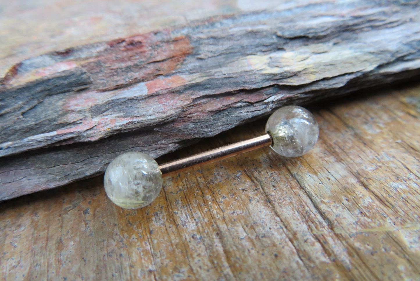 Rose Gold Titanium Ion Plated Natural Golden Rutile Quartz 6mm Stone Nipple Tongue Ring 14G (1.6mm) Barbell Barbells Bars Piercing