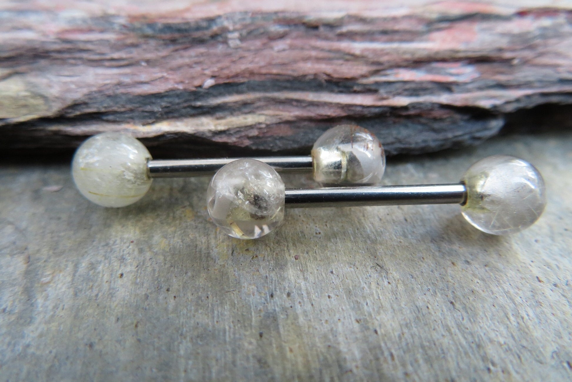 Pure Titanium Implant Grade 6Al-4V-Eli ASTM F Golden Rutile Quartz Natural Stone Nipple Tongue Ring Barbells 14G (1.6mm) Barbell Piercing