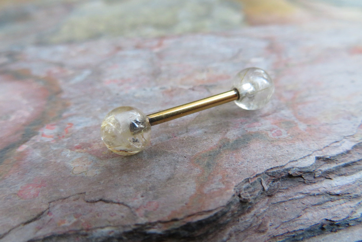 Gold Titanium Ion Plated Natural Golden Rutile Quartz 6mm Stone Nipple Tongue Ring 14G (1.6mm) Barbell Barbells Bars Piercing