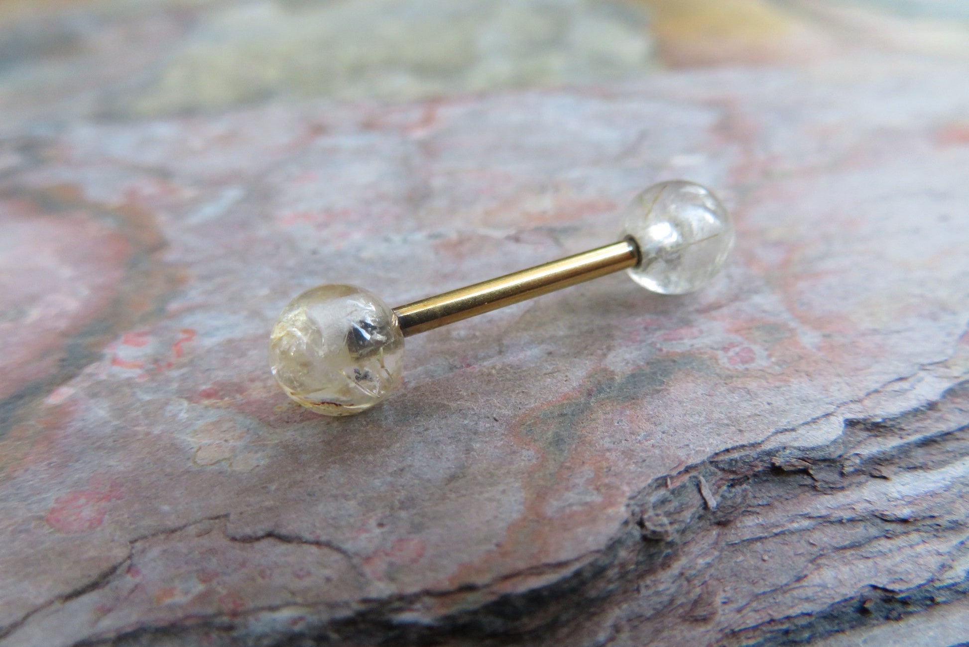 Gold Titanium Ion Plated Natural Golden Rutile Quartz 6mm Stone Nipple Tongue Ring 14G (1.6mm) Barbell Barbells Bars Piercing