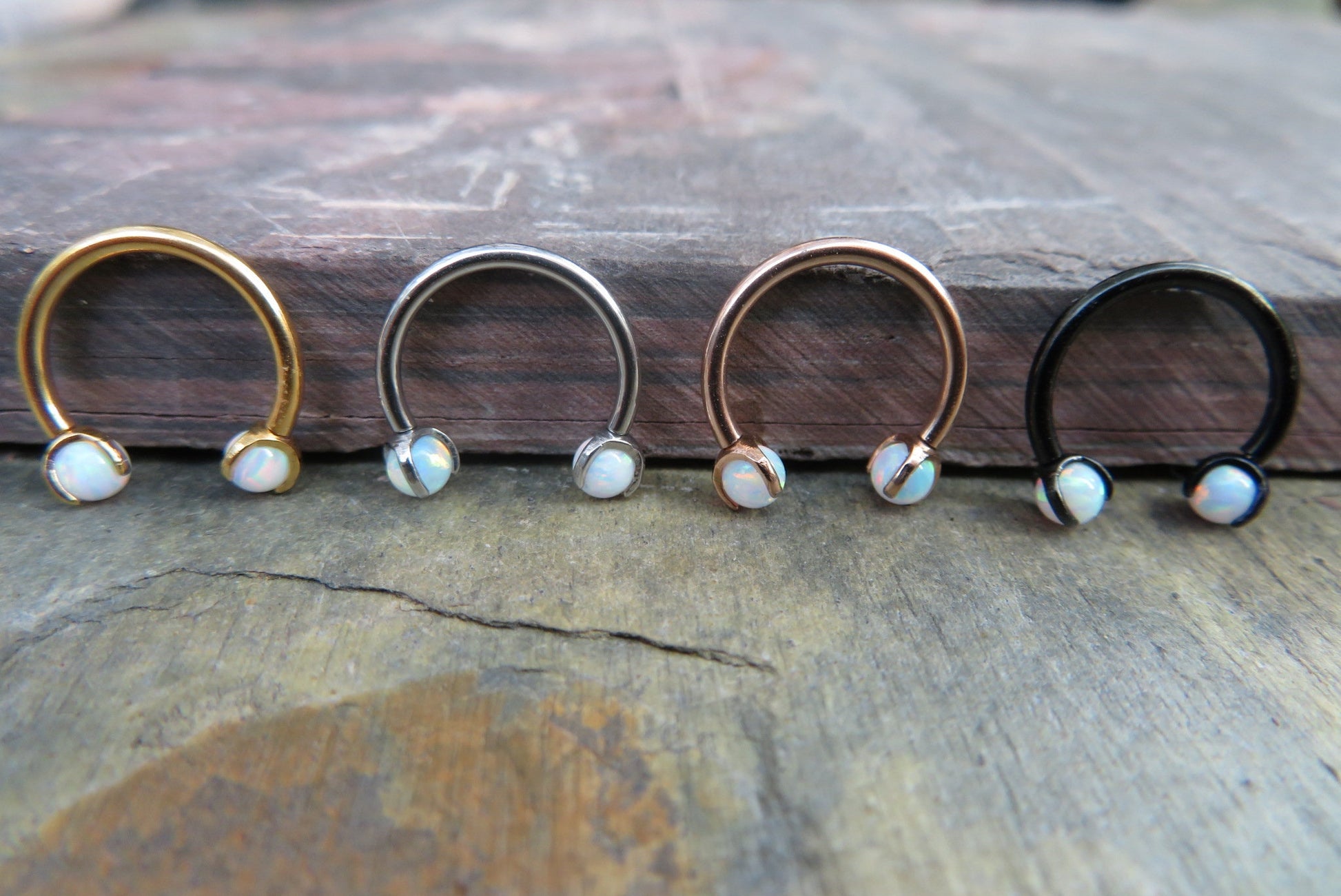 Gold Titanium Ion Plated White Opal Pronged 16G (1.2mm) Internally Threaded Horseshoe Nose Ring Septum Piercing 316L Surgical Steel
