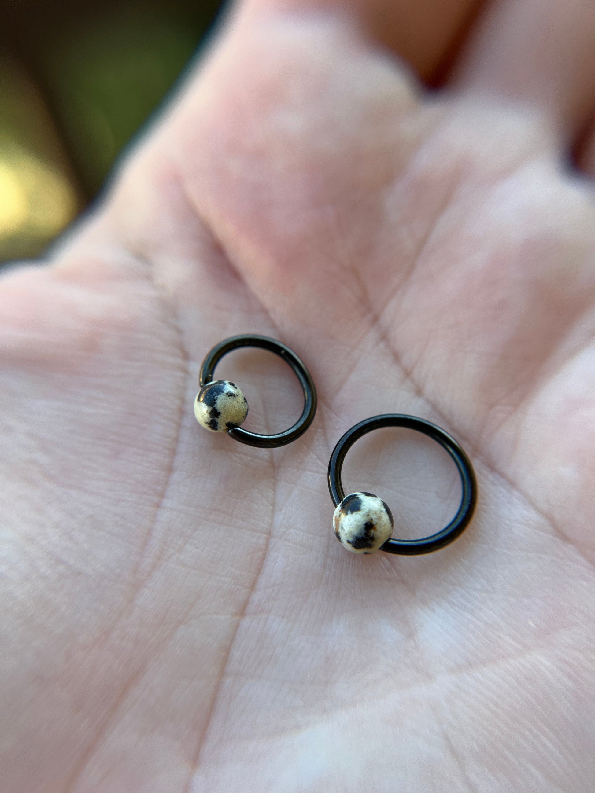 Natural Dalmatian Jasper Stone Bead Black Titanium Plated CBR Ring Hoop 16G (1.2mm) 14G (1.6mm) Nose Septum Piercing 316L Steel Cartilage